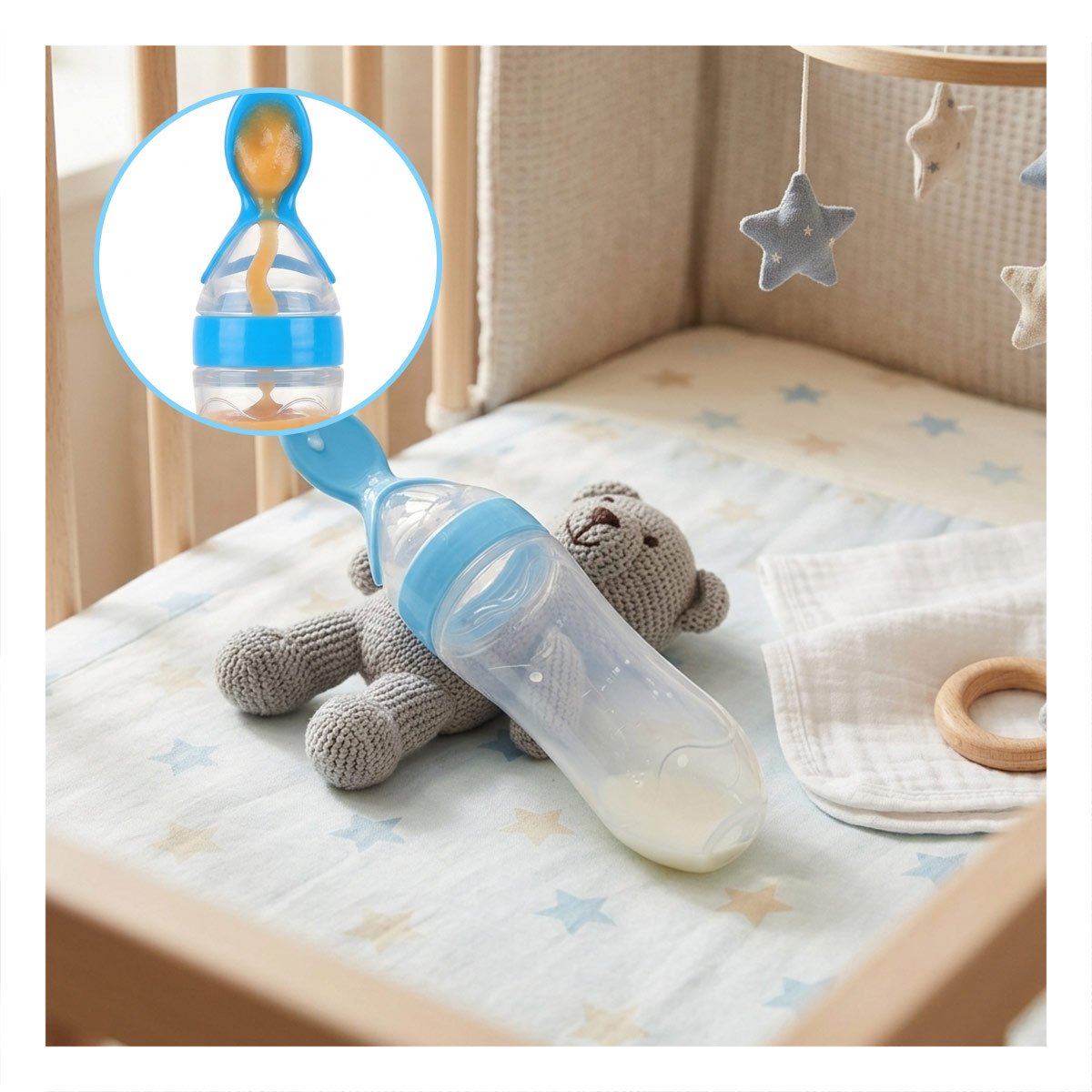 BIBERON CON CUCHARA Y TAPA PROTECTORA PARA BEBES COLOR CELESTE Y+POST IT - 2