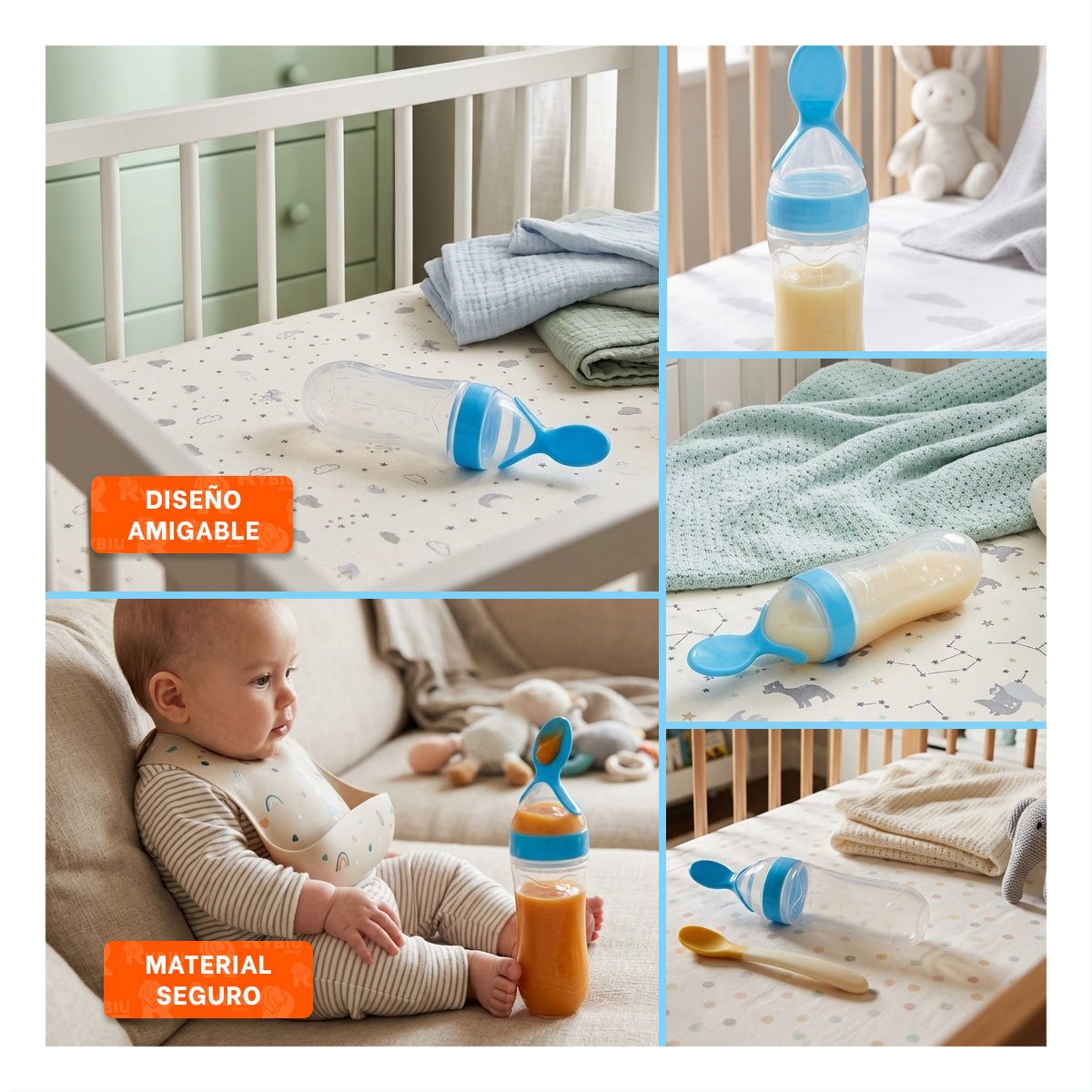 BIBERON CON CUCHARA Y TAPA PROTECTORA PARA BEBES COLOR CELESTE Y+POST IT - 5