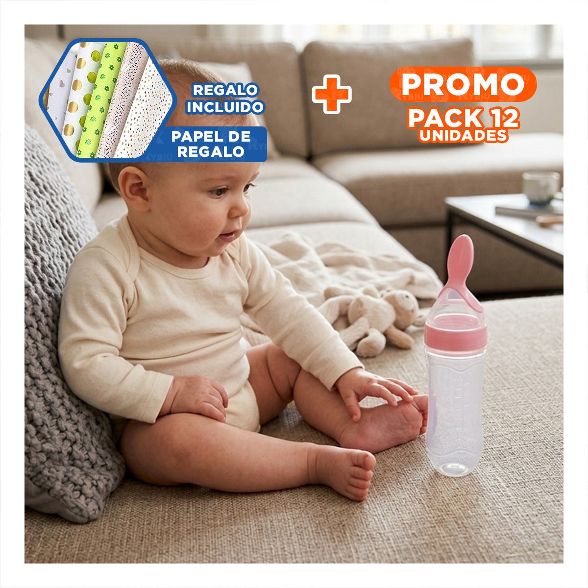 PACK12 CHUPO CON CUCHARA PARA ALIMENTACION DIARIA Y SEGURA ROSADO Y+PAPEL REGALO - 1