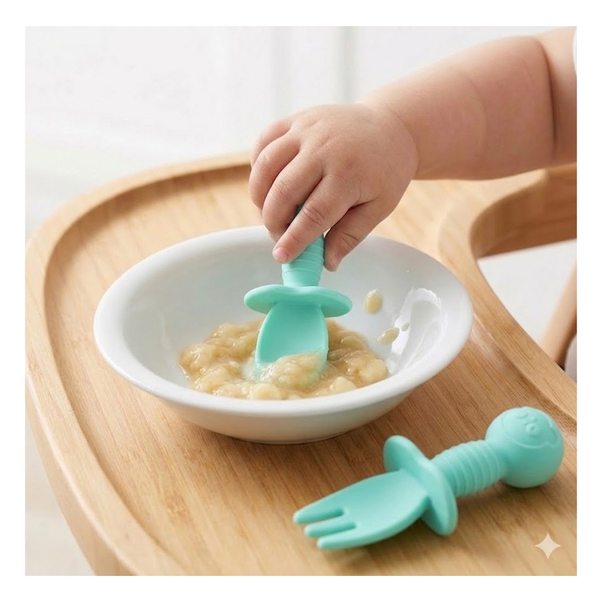 SET 2 PRE CUCHARA Y TENEDOR OSITO MANGO CORTO VERDE AGUA PARA NIÑOS COMER - 1