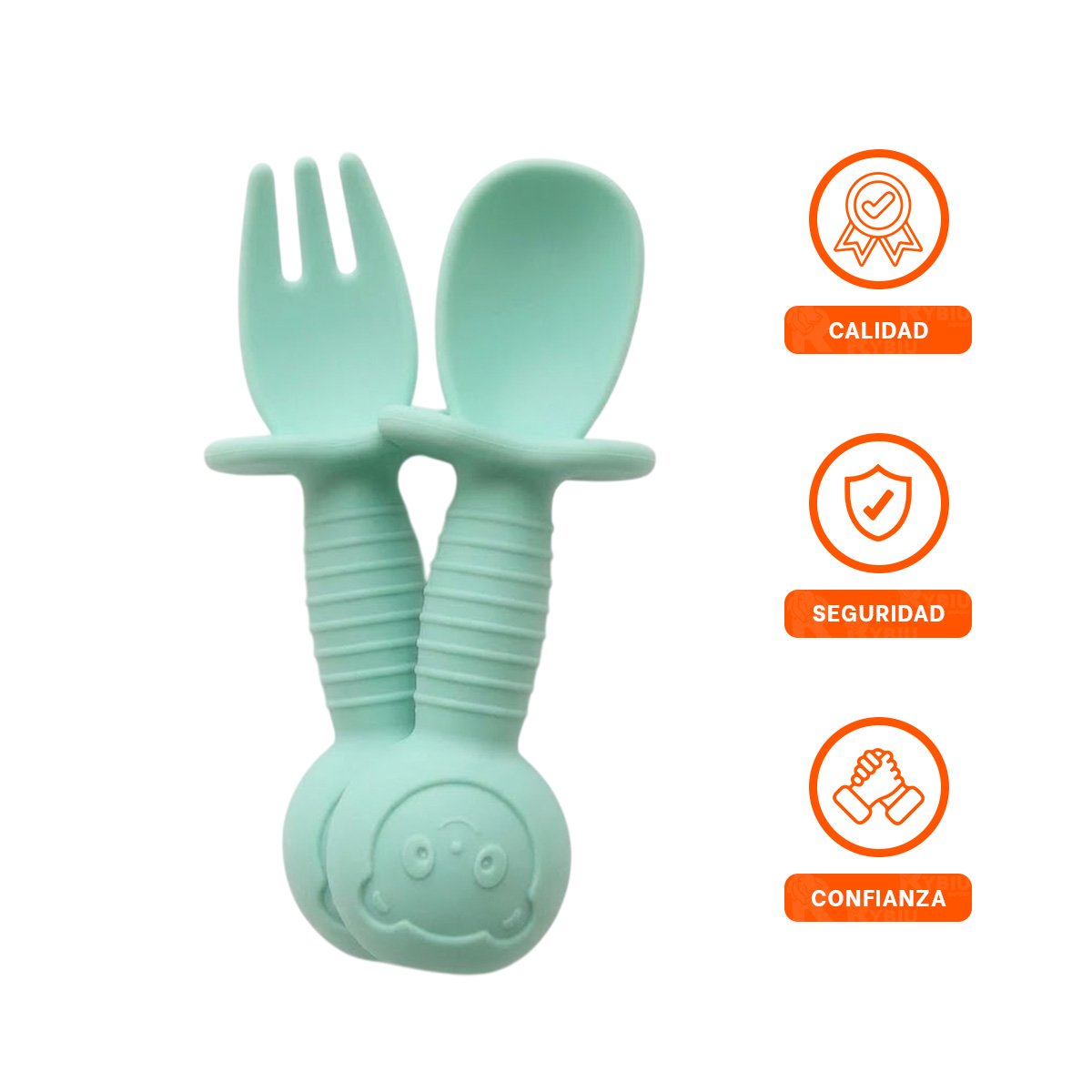 SET 2 PRE CUCHARA Y TENEDOR OSITO MANGO CORTO VERDE AGUA PARA NIÑOS COMER - 3