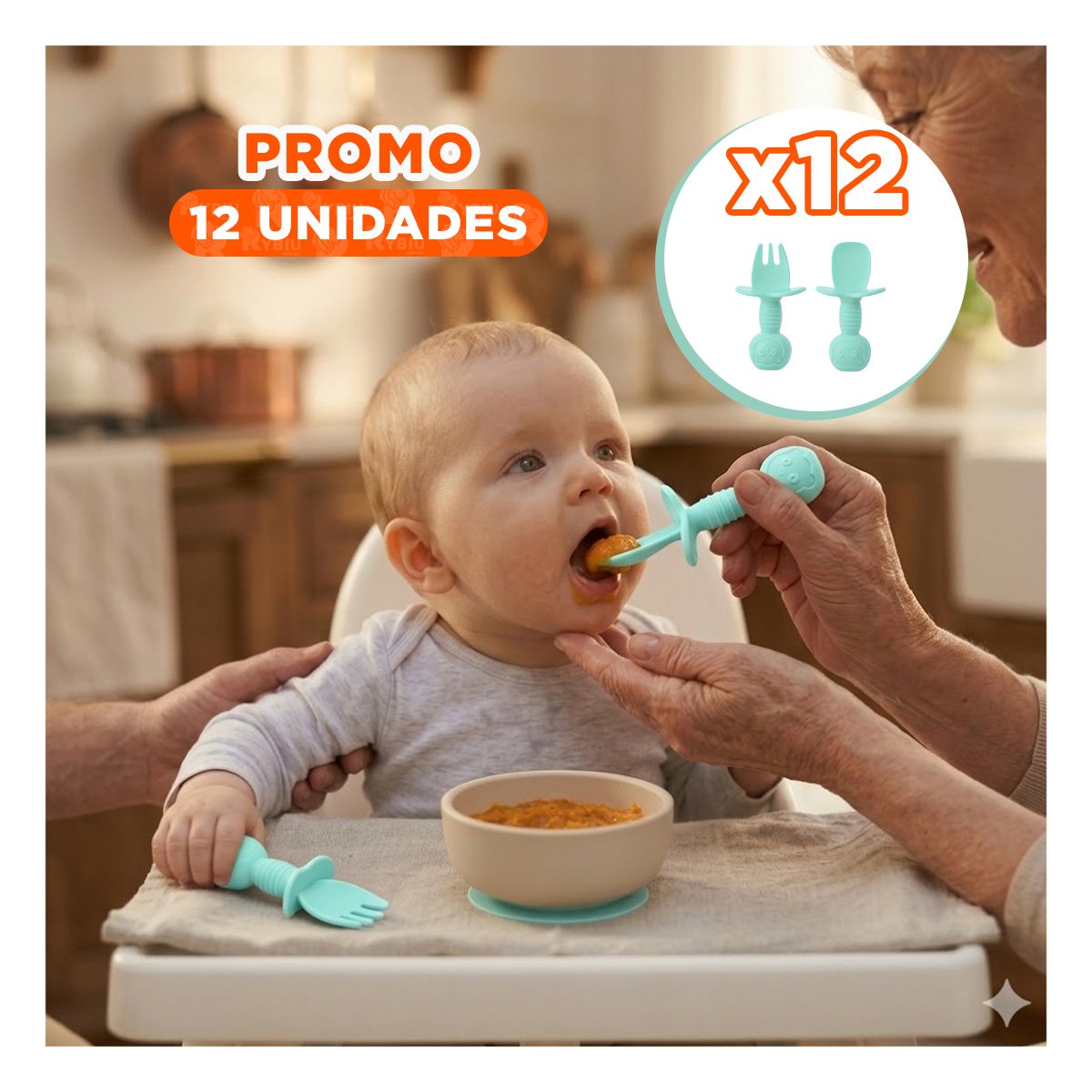 PACK12 SET 2 PRE CUCHARA Y TENEDOR COLOR VERDE AGUA MANGO CORTO OSITO PARA NIÑOS COMER - 1