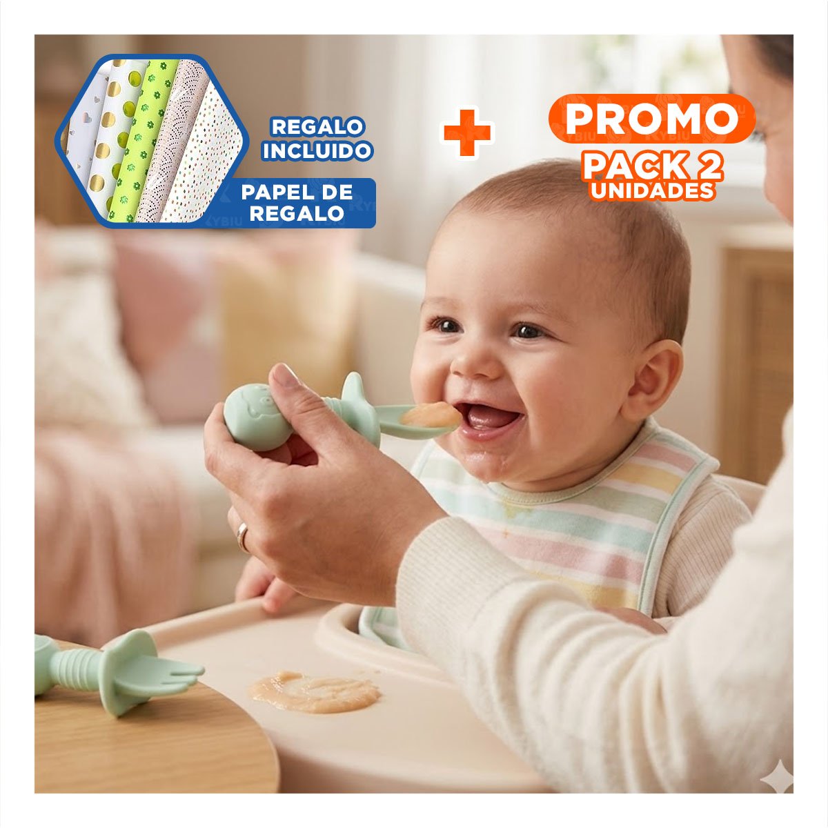 PACK2 PACK 2 PRE CUCHARA Y TENEDOR COLOR VERDE OSITO MANGO CORTO PARA COMEDOR Y+PAPEL REGALO - 1