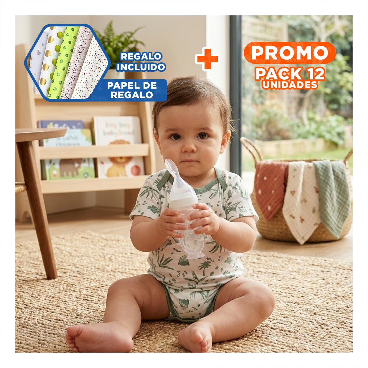 PACK12 TETERO CON CUCHARA CON DISEÑO MODERNO Y FACIL SUJECION BLANCO Y+PAPEL REGALO - 1
