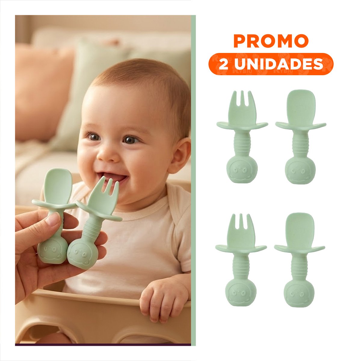 PACK2 KIT 2 PRE CUCHARA Y TENEDOR MANGO CORTO OSITO VERDE PARA NIÑOS EN MESA - 1