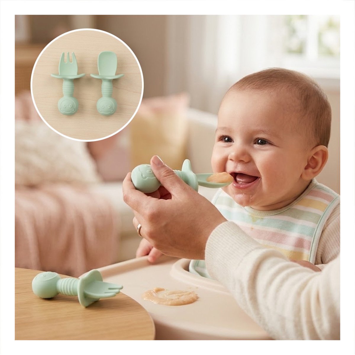PACK2 KIT 2 PRE CUCHARA Y TENEDOR MANGO CORTO OSITO VERDE PARA NIÑOS EN MESA - 5