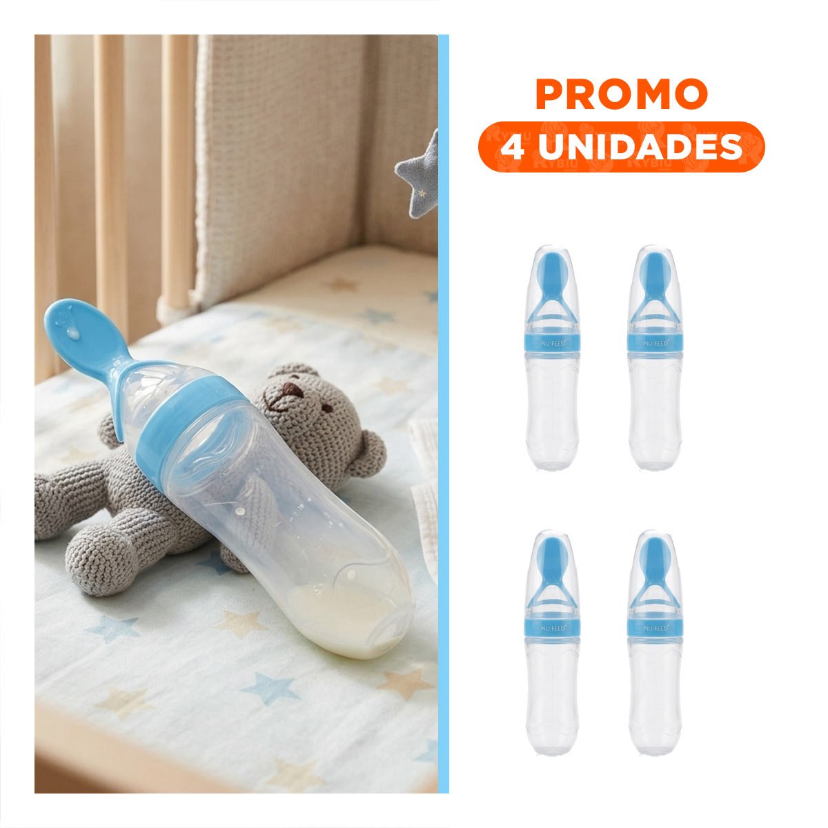 PACK4 TETERO CON CUCHARA CON MANGO ANTIDESLIZANTE Y DISEÑO MODERNO CELESTE Y+REGALO STICKER - 1