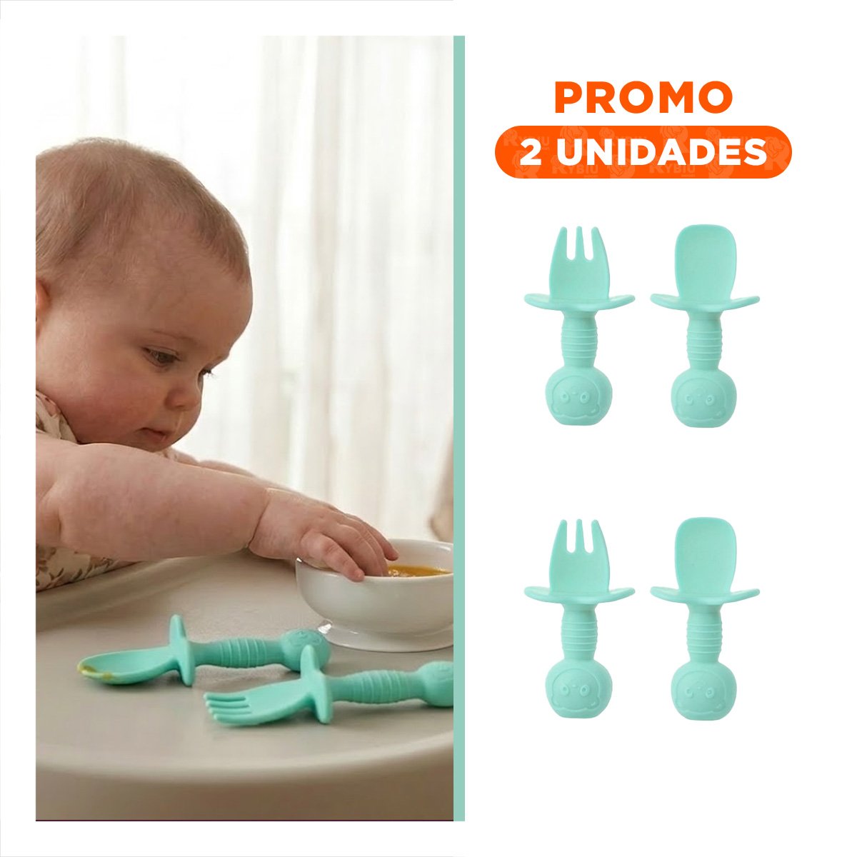 PACK2 KIT 2 PRE CUCHARA Y TENEDOR MANGO CORTO OSITO VERDE AGUA PARA NIÑOS EN MESA - 1