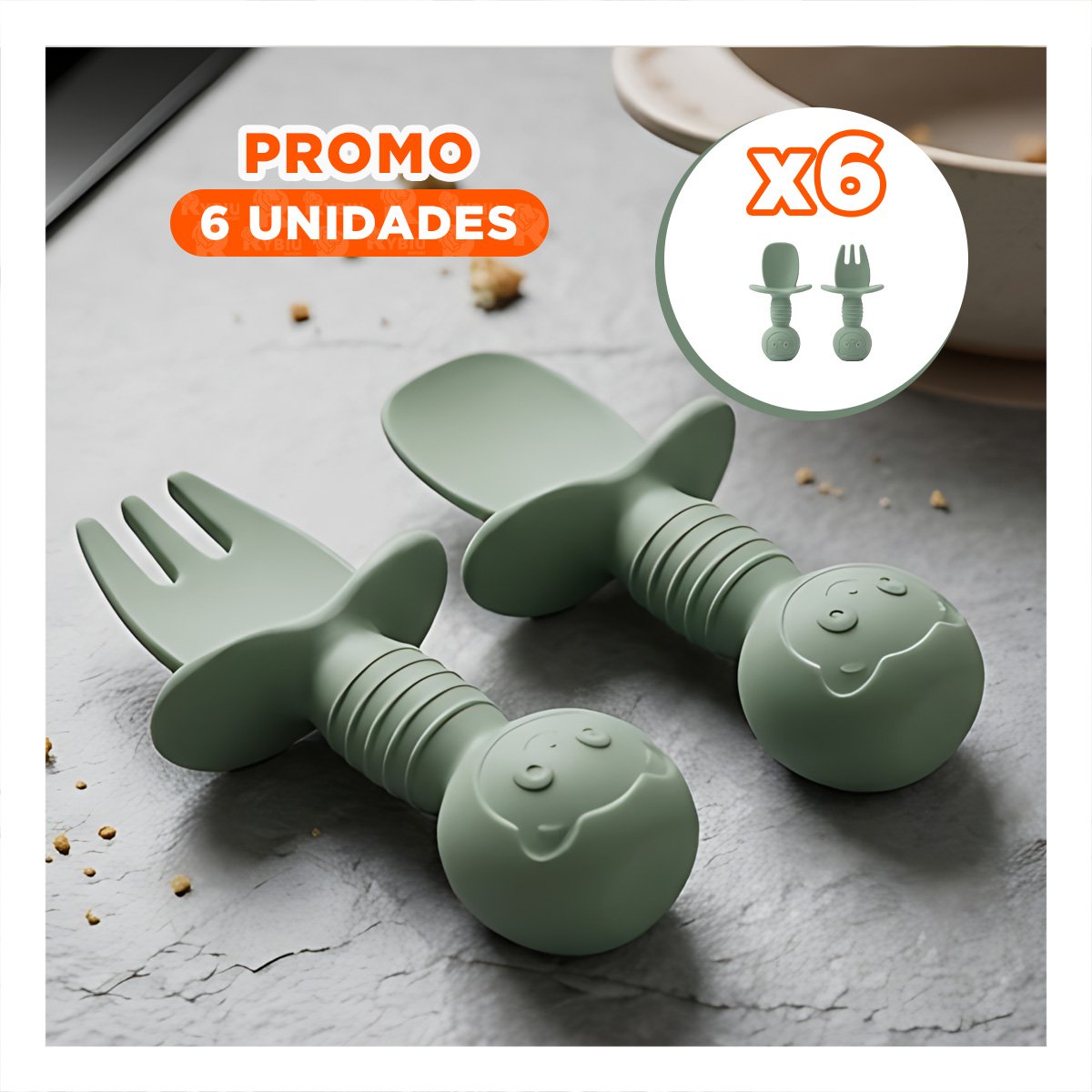 PACK6 PACK 2 PRE CUCHARA Y TENEDOR MANGO CORTO OSITO VERDE OSCURO PARA COMEDOR Y+REGALO STICKER - 1
