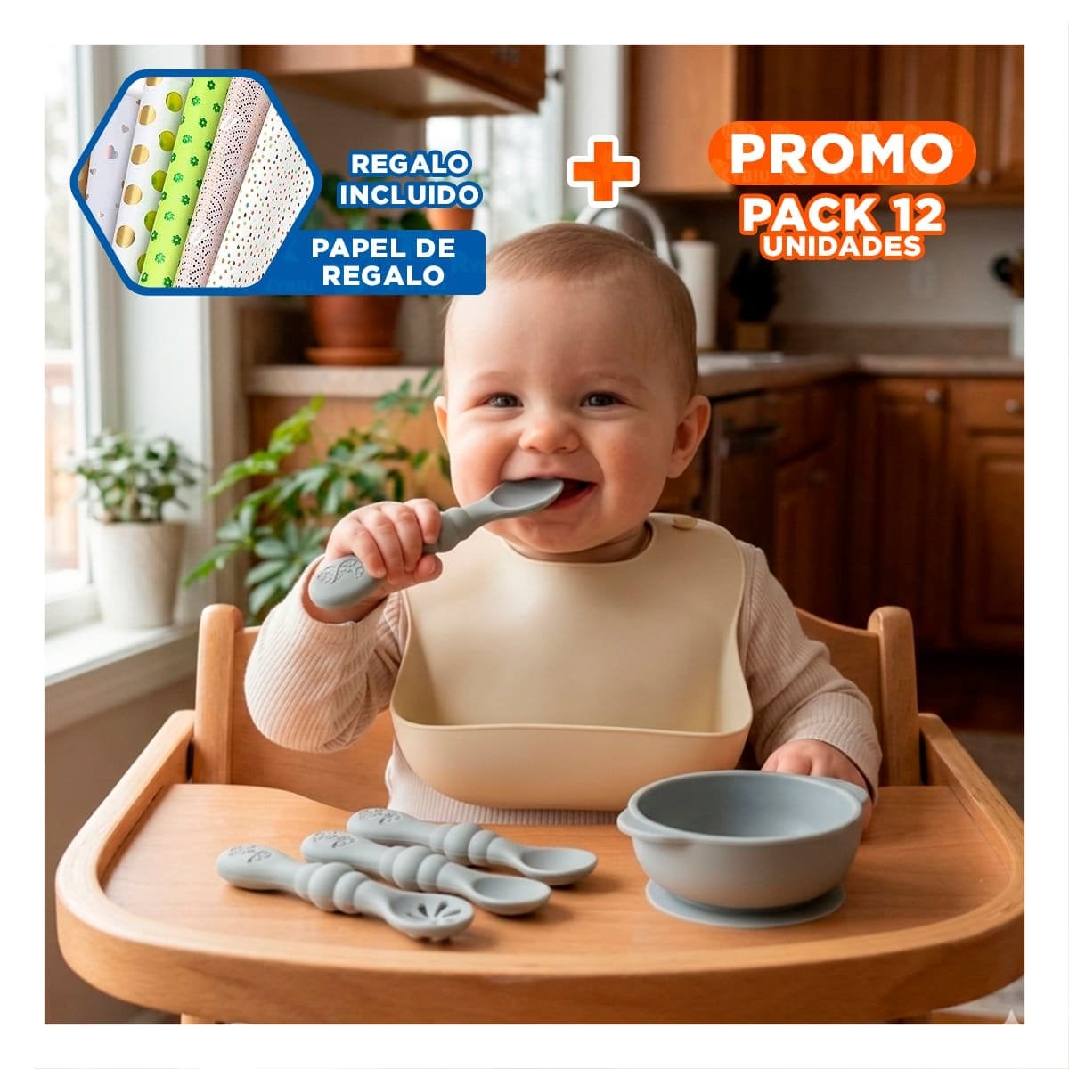 PACK12 KIT 3 PRE CUCHARAS PARA PRIMEROS YOGUIS DEL BEBE COMODO Y SEGURO PLOMO Y+PAPEL REGALO - 1