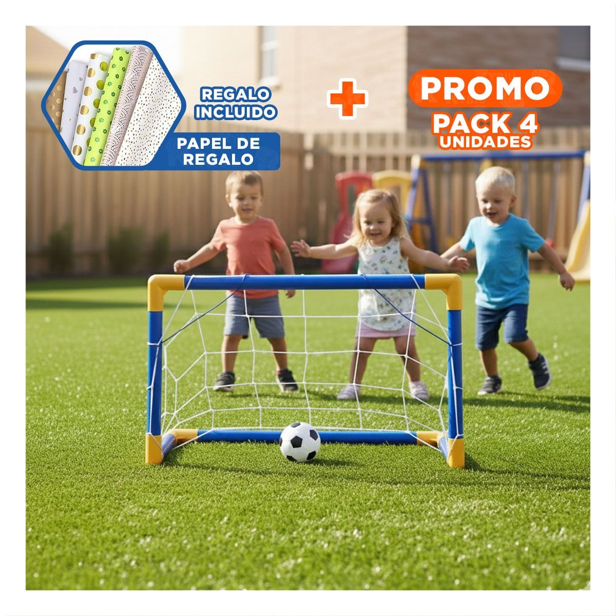 PACK4 PORTERIA DE FUTBOL MINI 100X60 CM CON RED PARA PRACTICA INFANTIL Y+PAPEL REGALO - 1