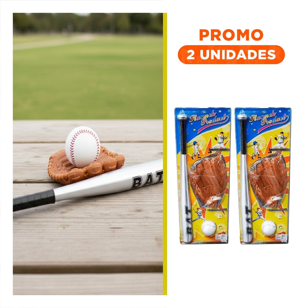PACK2 KIT DE BEISBOL RECREATIVO CON BATE GUANTE Y PELOTA PARA JARDIN - 1