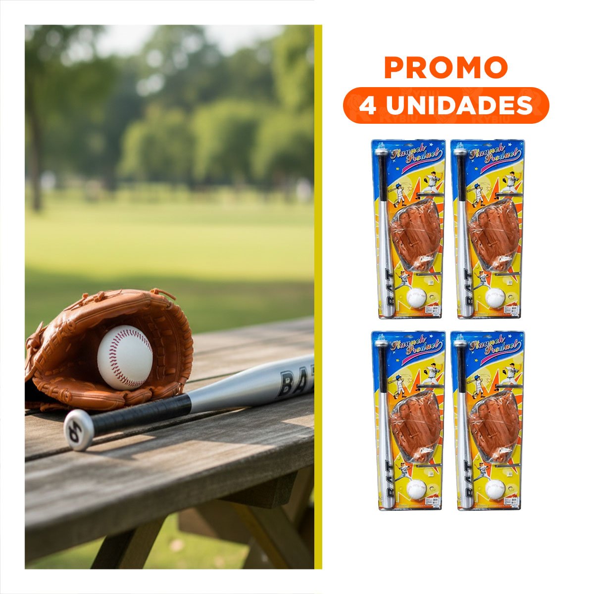 PACK4 KIT DE BEISBOL COMPLETO CON BATE GUANTE Y PELOTA PARA EXTERIOR Y+REGALO STICKER - 1