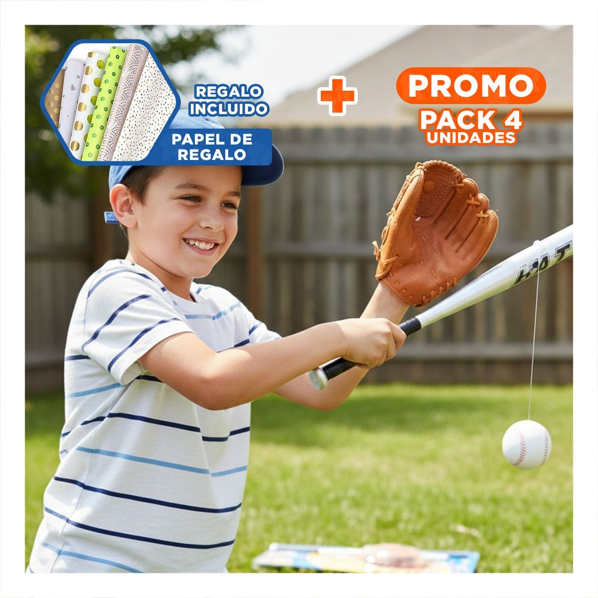 PACK4 SET DE BEISBOL PARA NINOS CON BATE GUANTE Y PELOTA RESISTENTE Y+PAPEL REGALO - 1