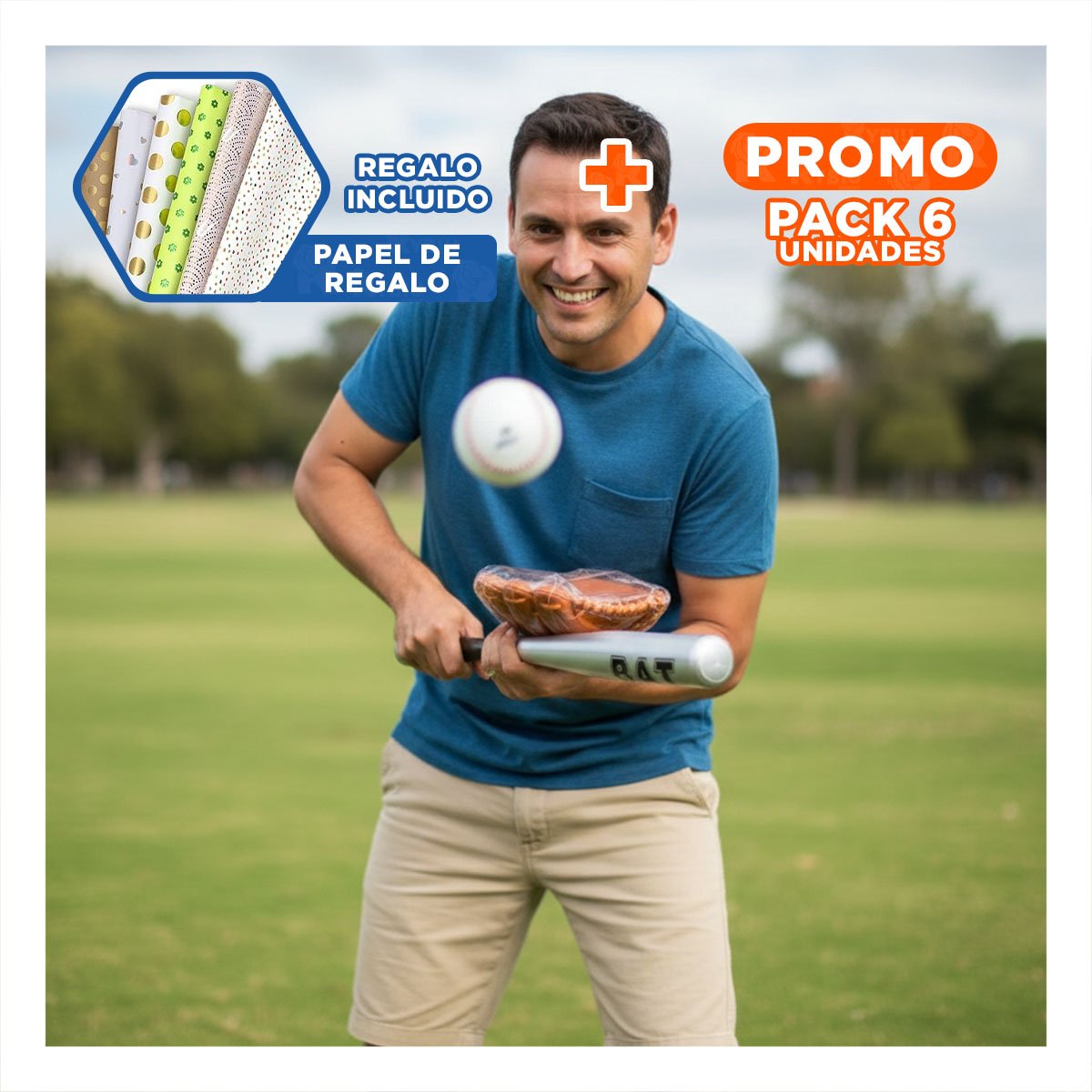 PACK6 JUEGO DE BEISBOL RECREATIVO CON BATE GUANTE Y PELOTA PARA CASA Y+PAPEL REGALO - 1