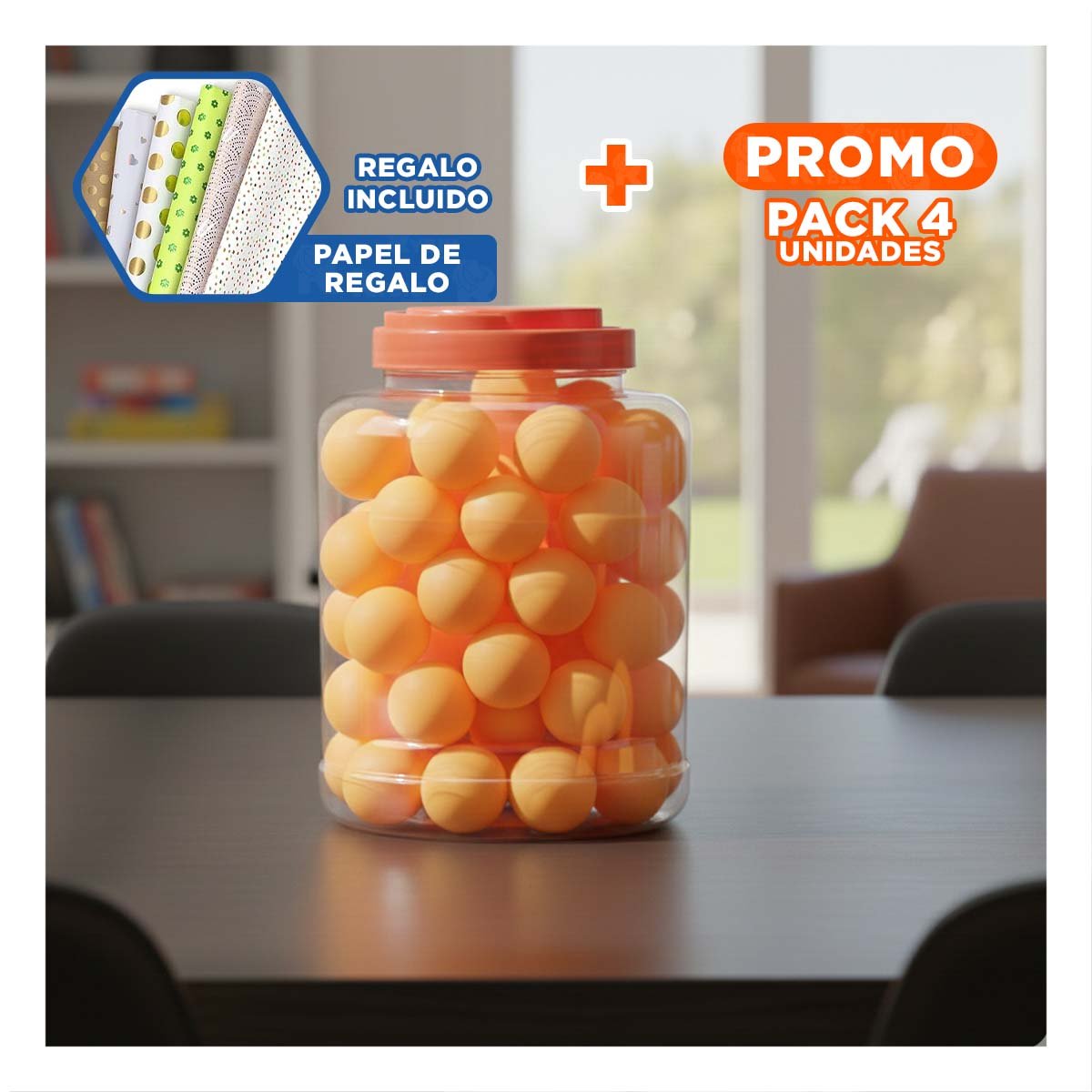 PACK4 COMBO 60 PELOTAS DE PING PONG ANARANJADO PARA ACADEMIA ESCOLAR Y+PAPEL REGALO - 1