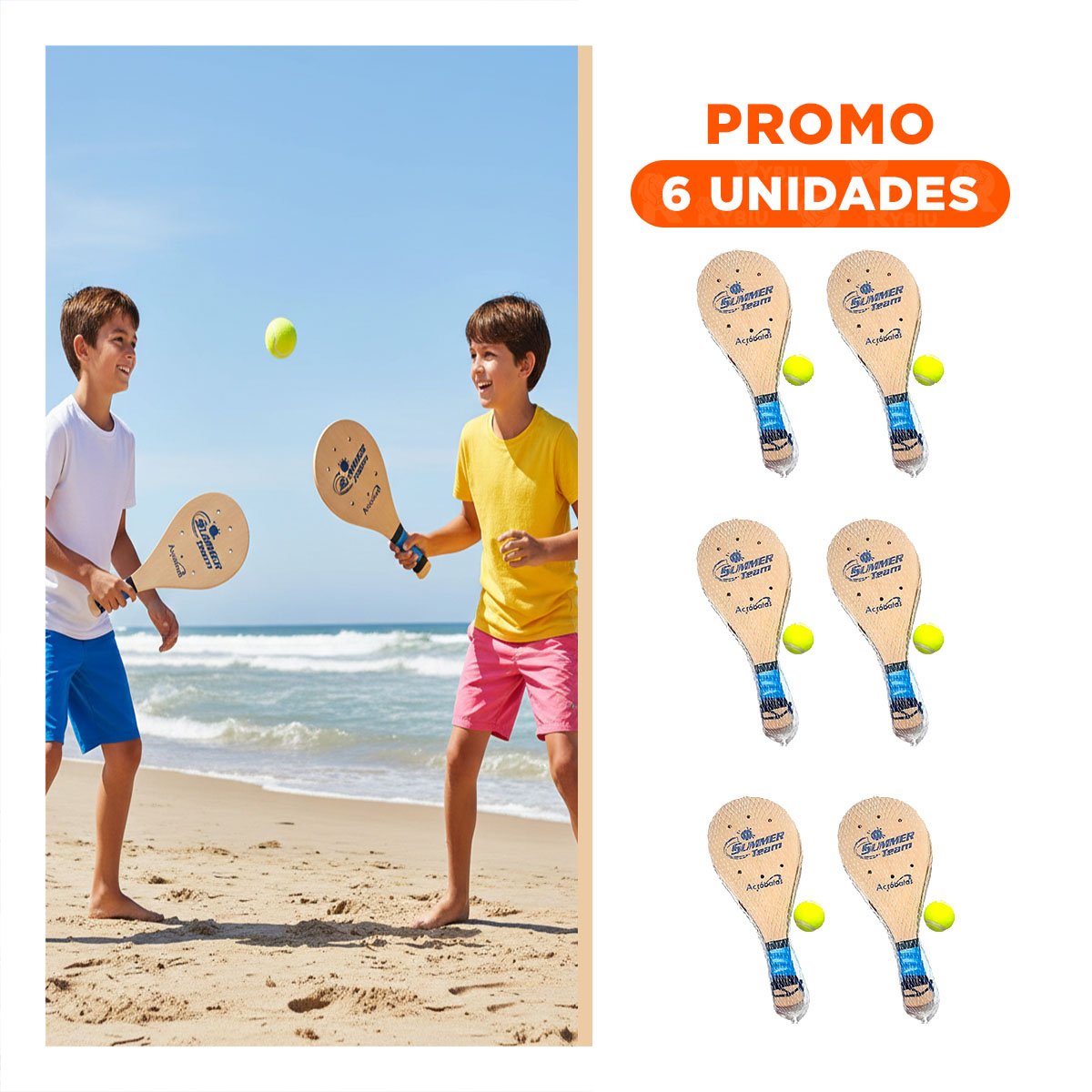 PACK6 JUEGO DE PALETAS DE PLAYA JUNIOR CON PELOTA PARA AIRE LIBRE - 1