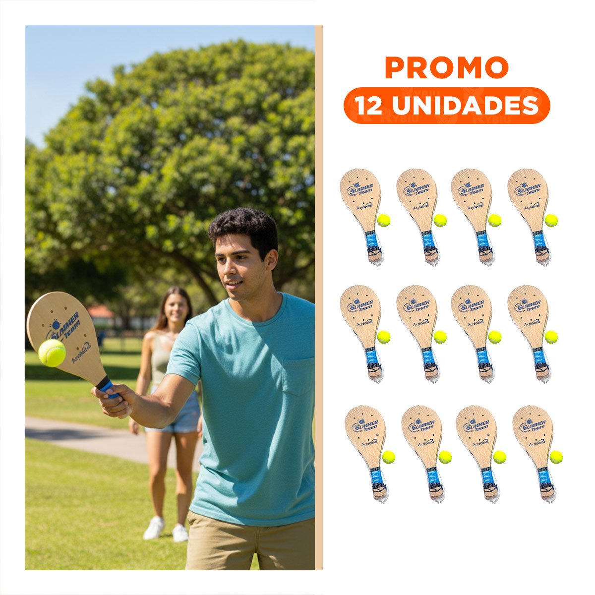 PACK12 RAQUETAS DE PLAYA PARA ADULTO CON PELOTA PARA JUEGO EN ARENA Y+REGALO STICKER - 1
