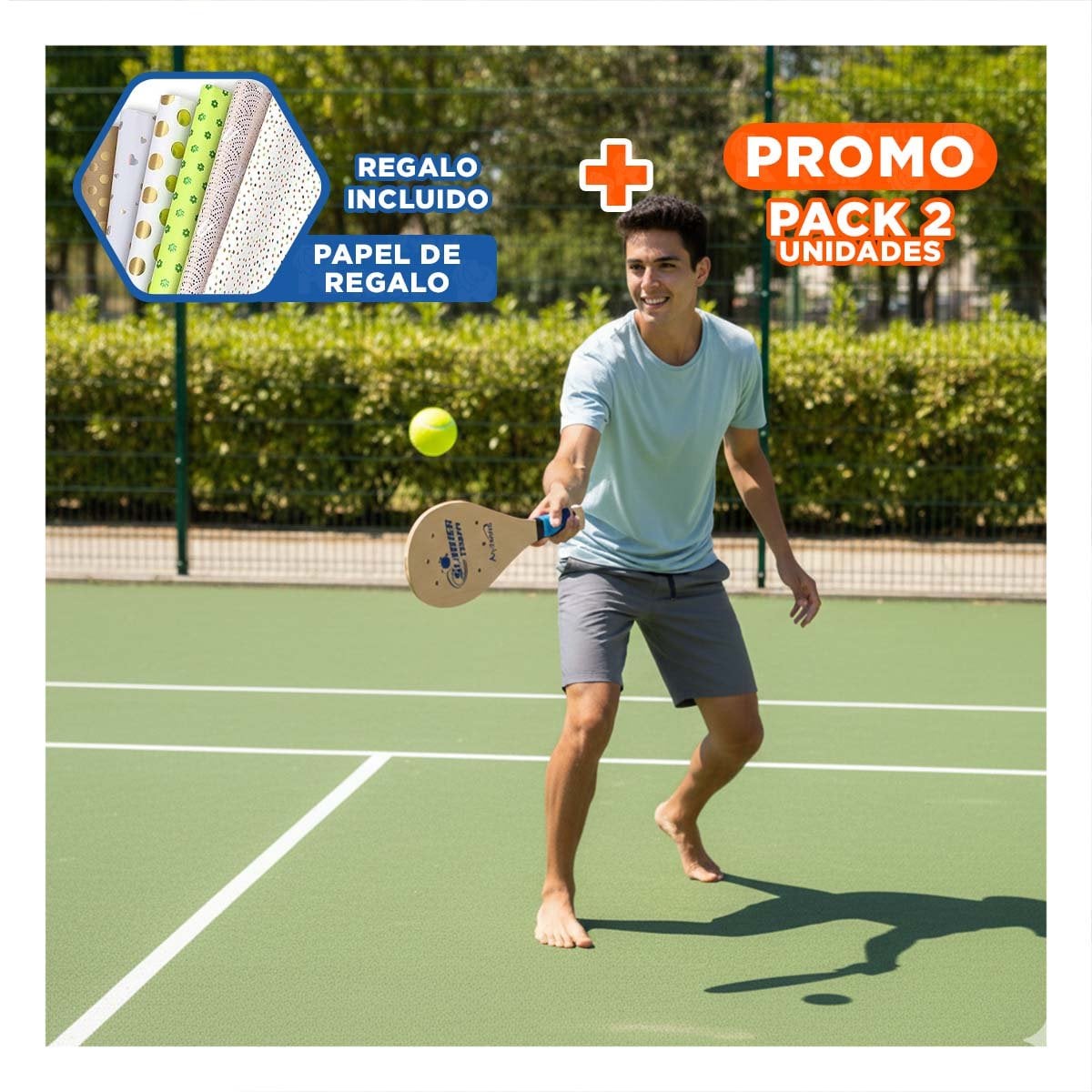 PACK2 COMBO DE PALETAS DE PLAYA PARA ADULTO CON PELOTA PARA EXTERIOR Y+PAPEL REGALO - 1