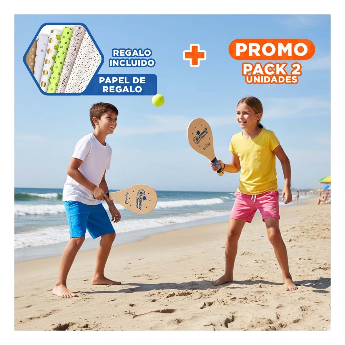 PACK2 COMBO DE PALETAS DE PLAYA JUNIOR CON PELOTA PARA EXTERIOR INFANTIL Y+PAPEL REGALO - 1