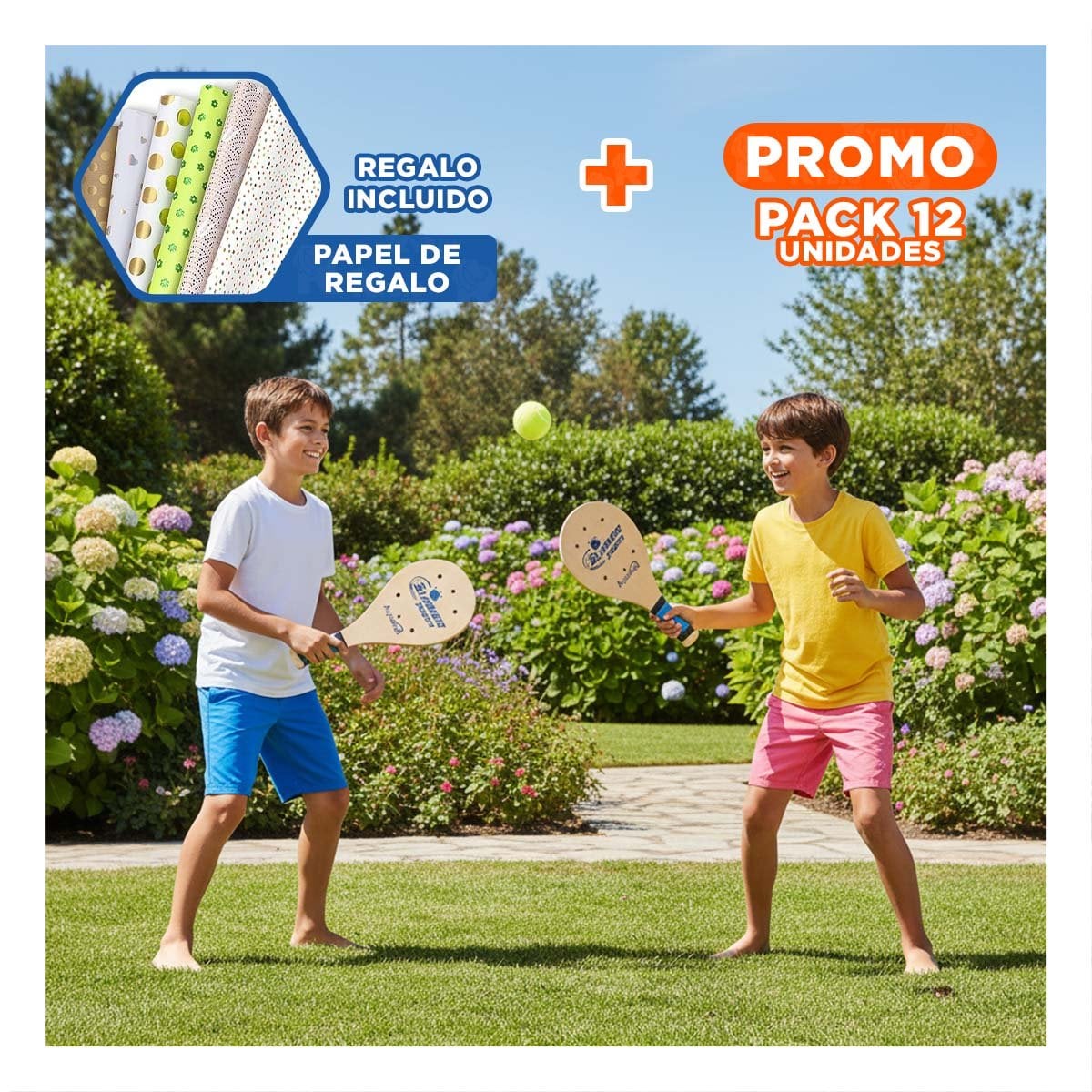 PACK12 PALETAS DE PLAYA JUNIOR CON PELOTA PARA ACTIVIDAD EN ARENA Y+PAPEL REGALO - 1