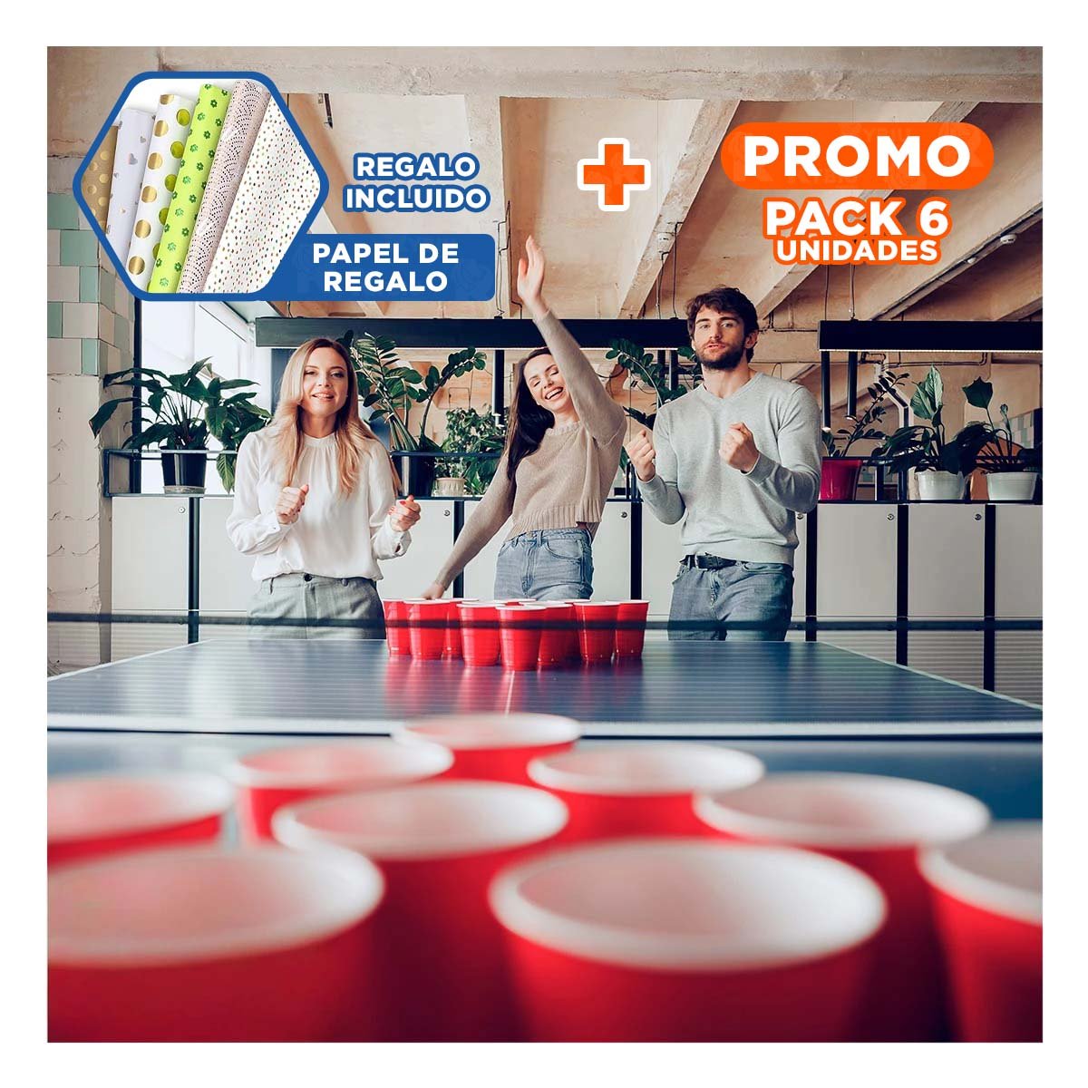 PACK6 SET DE PING PONG CON VASOS PLASTICOS PARA CELEBRACIONES Y+PAPEL REGALO - 1