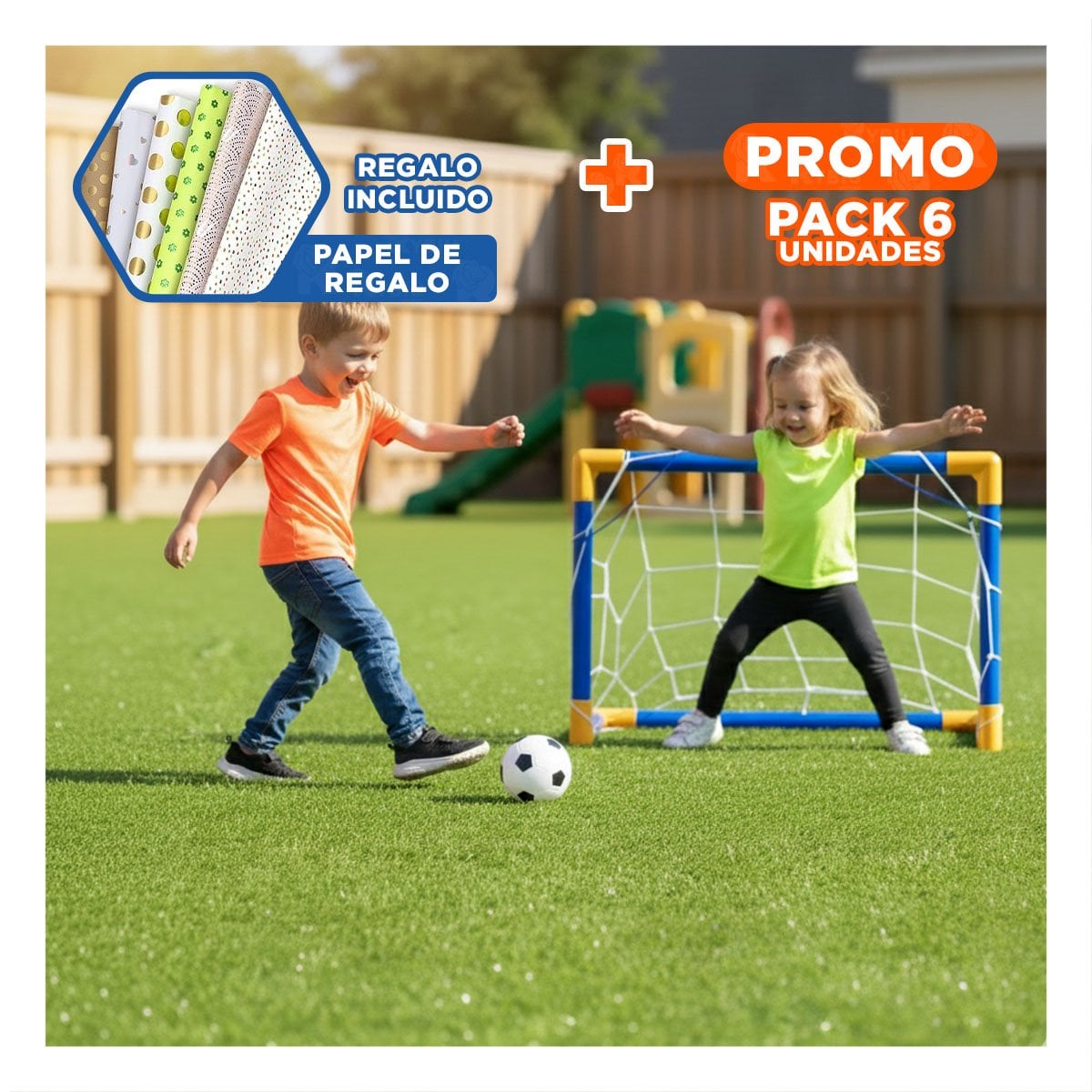 PACK6 META DE FUTBOL MINI 100X60 CM CON RED REFORZADA PARA PATIO Y+PAPEL REGALO - 1
