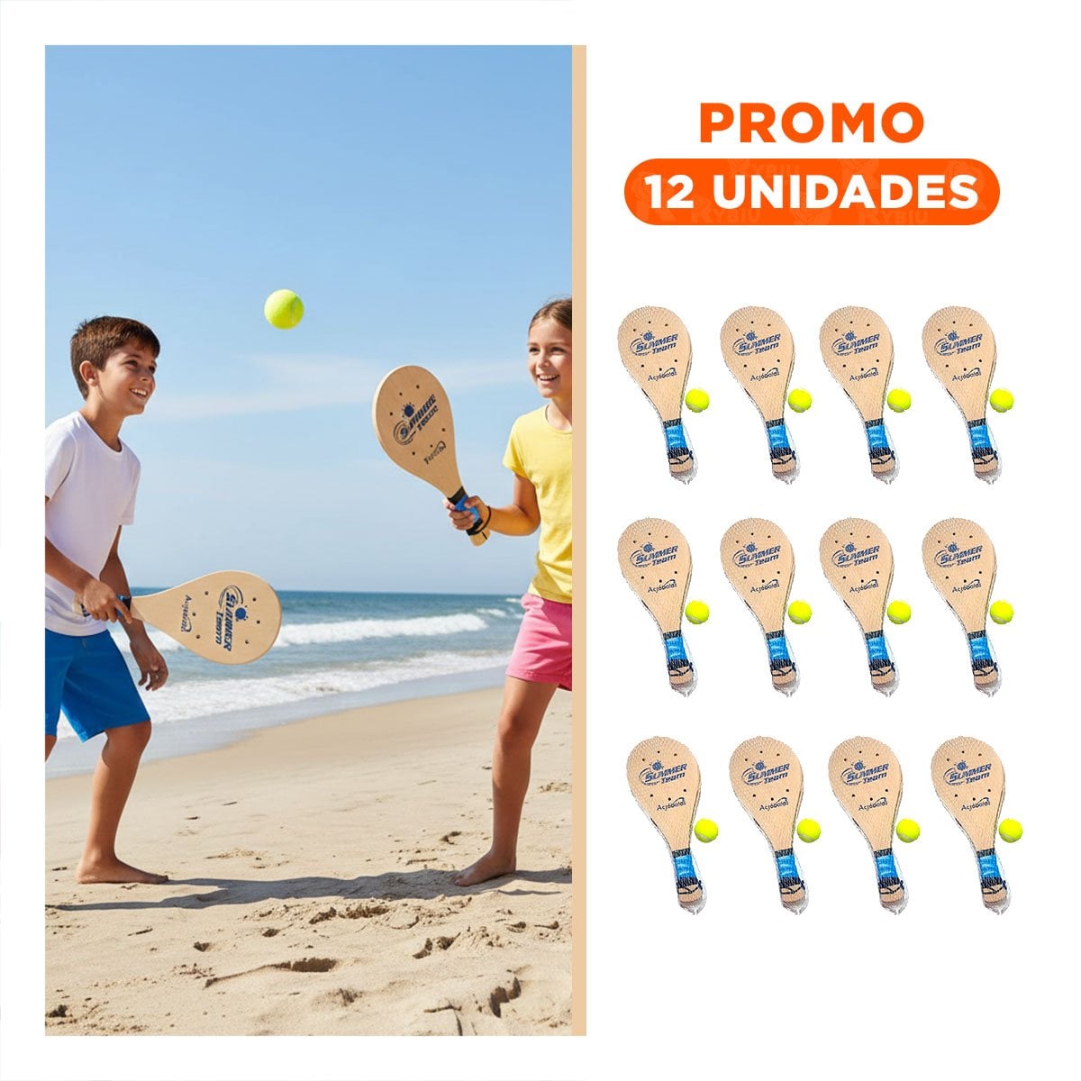 PACK12 RAQUETAS DE PLAYA JUNIOR CON PELOTA PARA JUEGO EN EXTERIOR Y+REGALO STICKER - 1