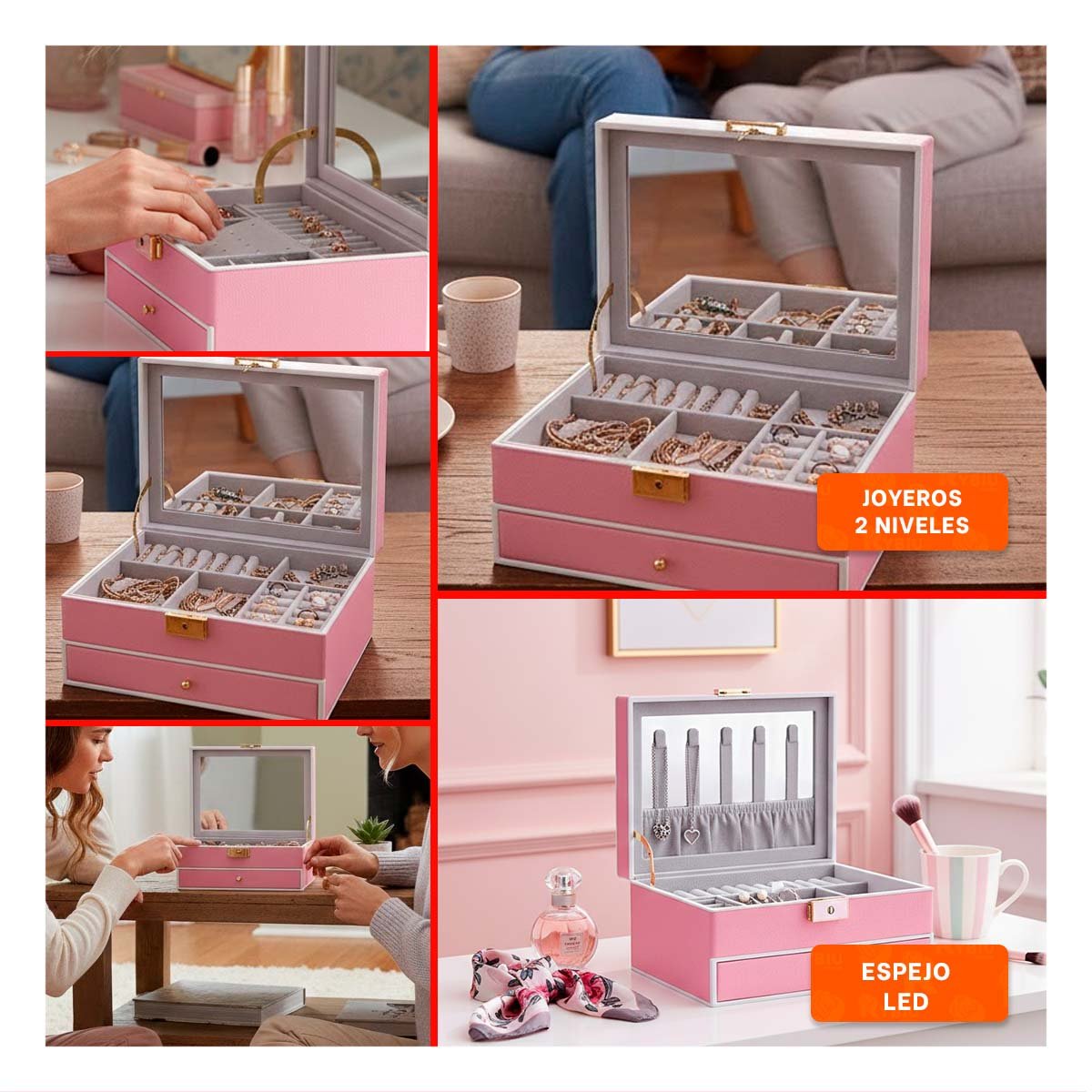 ESTUCHE DE JOYAS 2 NIVELES CON ESPEJO LED ROSADO PARA MAQUILLAJE PERSONAL Y+POST IT - 1