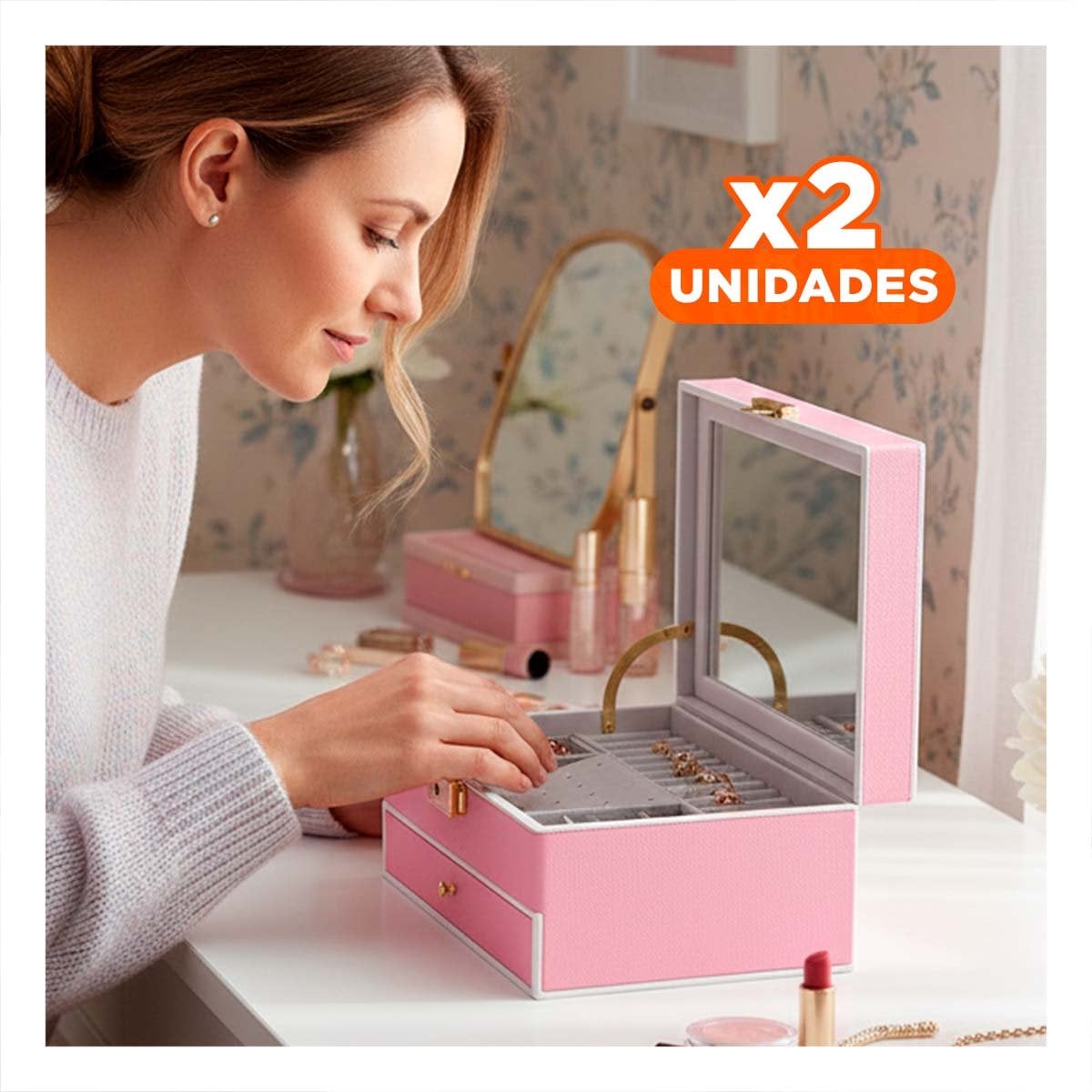 PACK2 ORGANIZADOR DE JOYAS 2 NIVELES CON ESPEJO LED ROSADO PARA ACCESORIOS Y+REGALO STICKER - 1