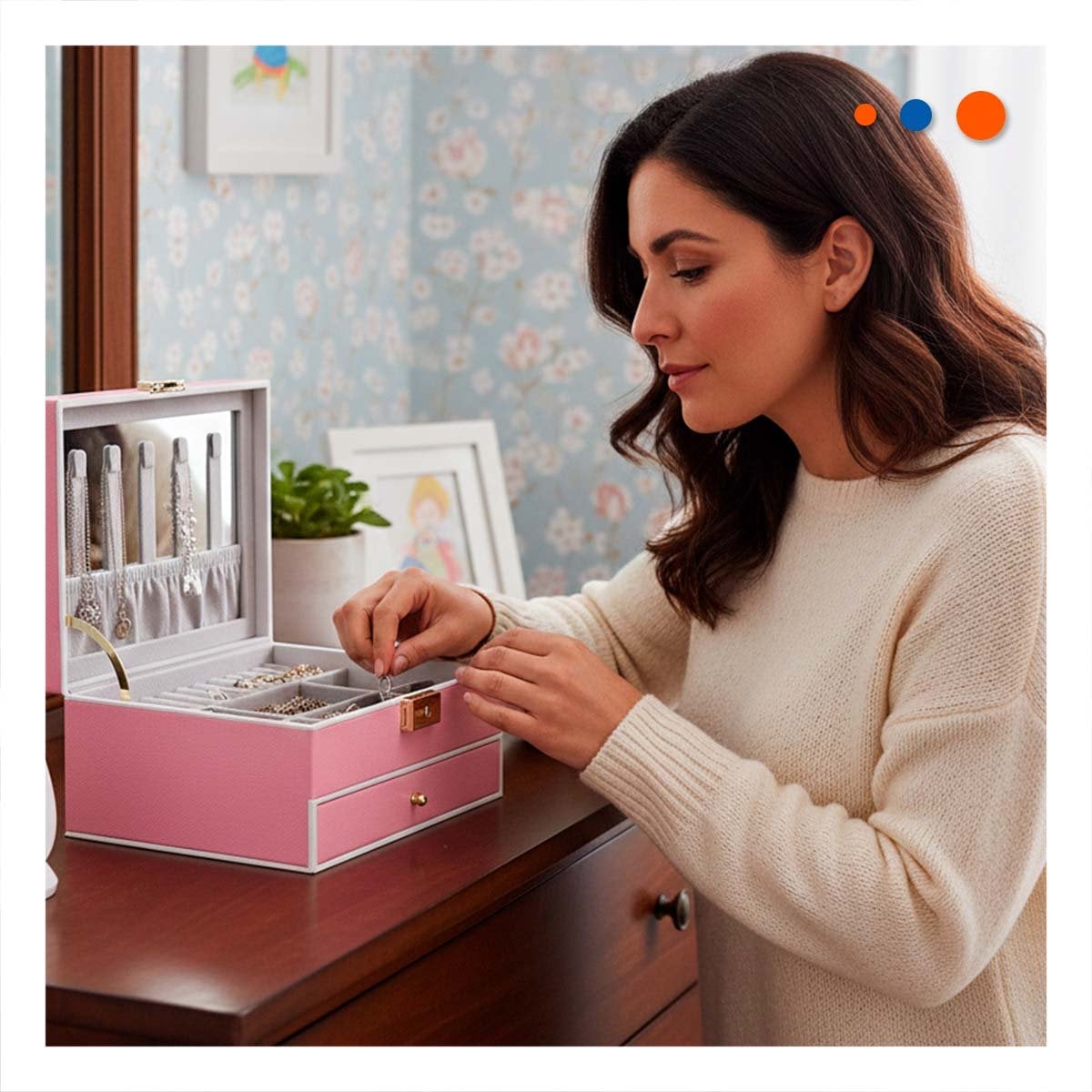PACK2 ORGANIZADOR DE JOYAS 2 NIVELES CON ESPEJO LED ROSADO PARA ACCESORIOS Y+REGALO STICKER - 3