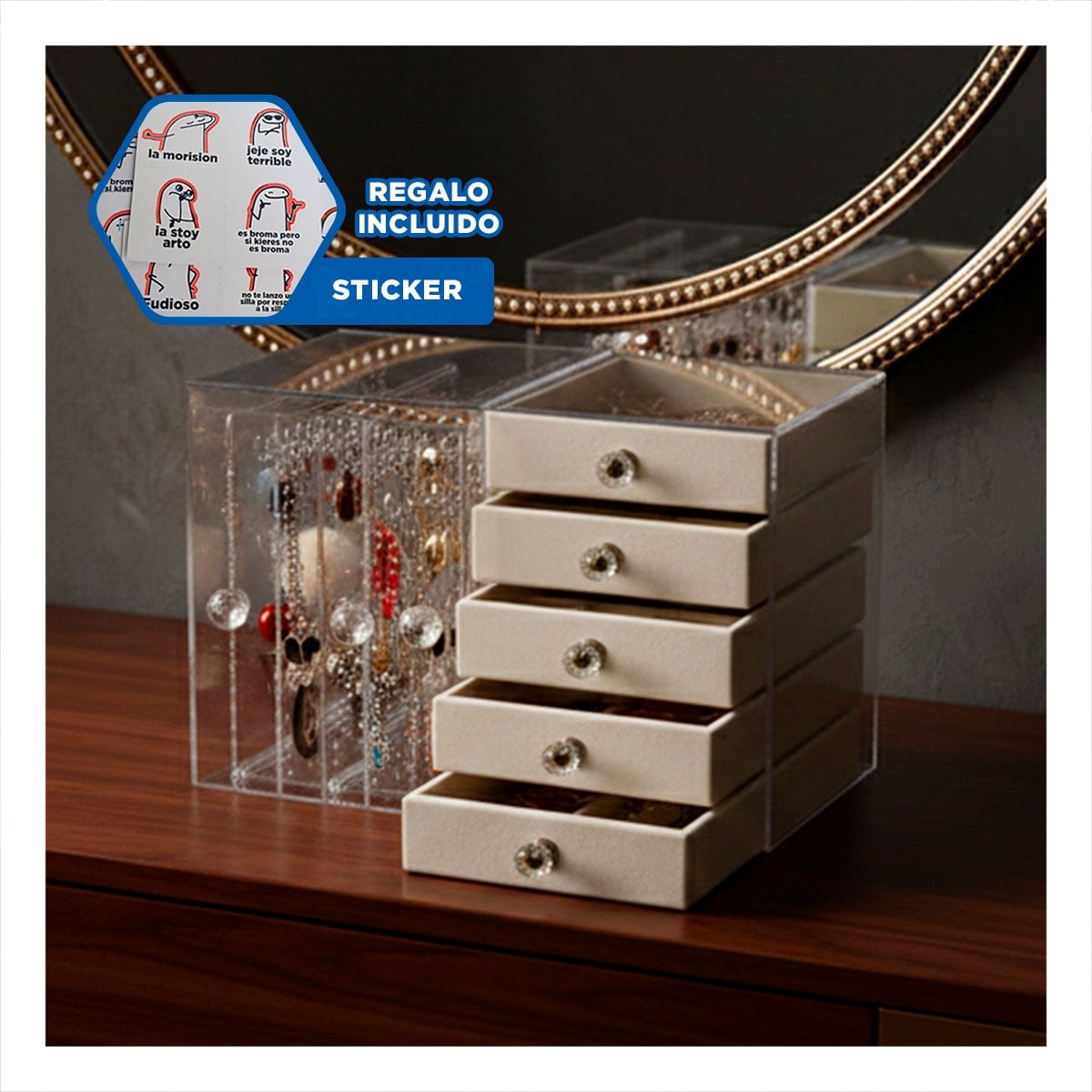 CAJA 5 CAJONES Y 3 PUERTAS EN TERCIOPELO BEIGE PARA HOGAR Y+REGALO STICKER - 1