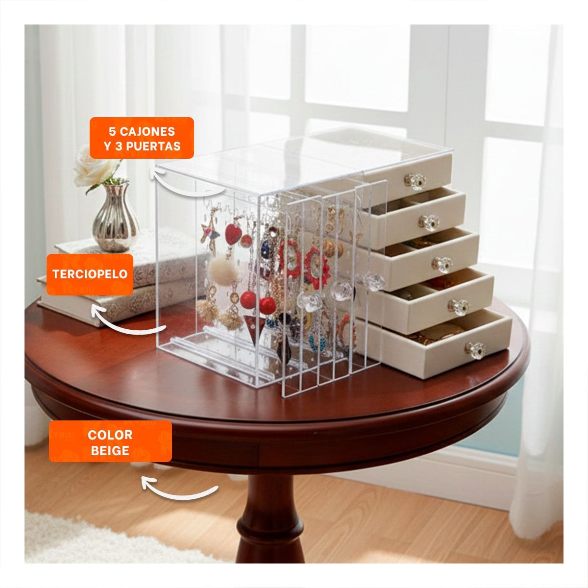 CAJA 5 CAJONES Y 3 PUERTAS EN TERCIOPELO BEIGE PARA HOGAR Y+REGALO STICKER - 5
