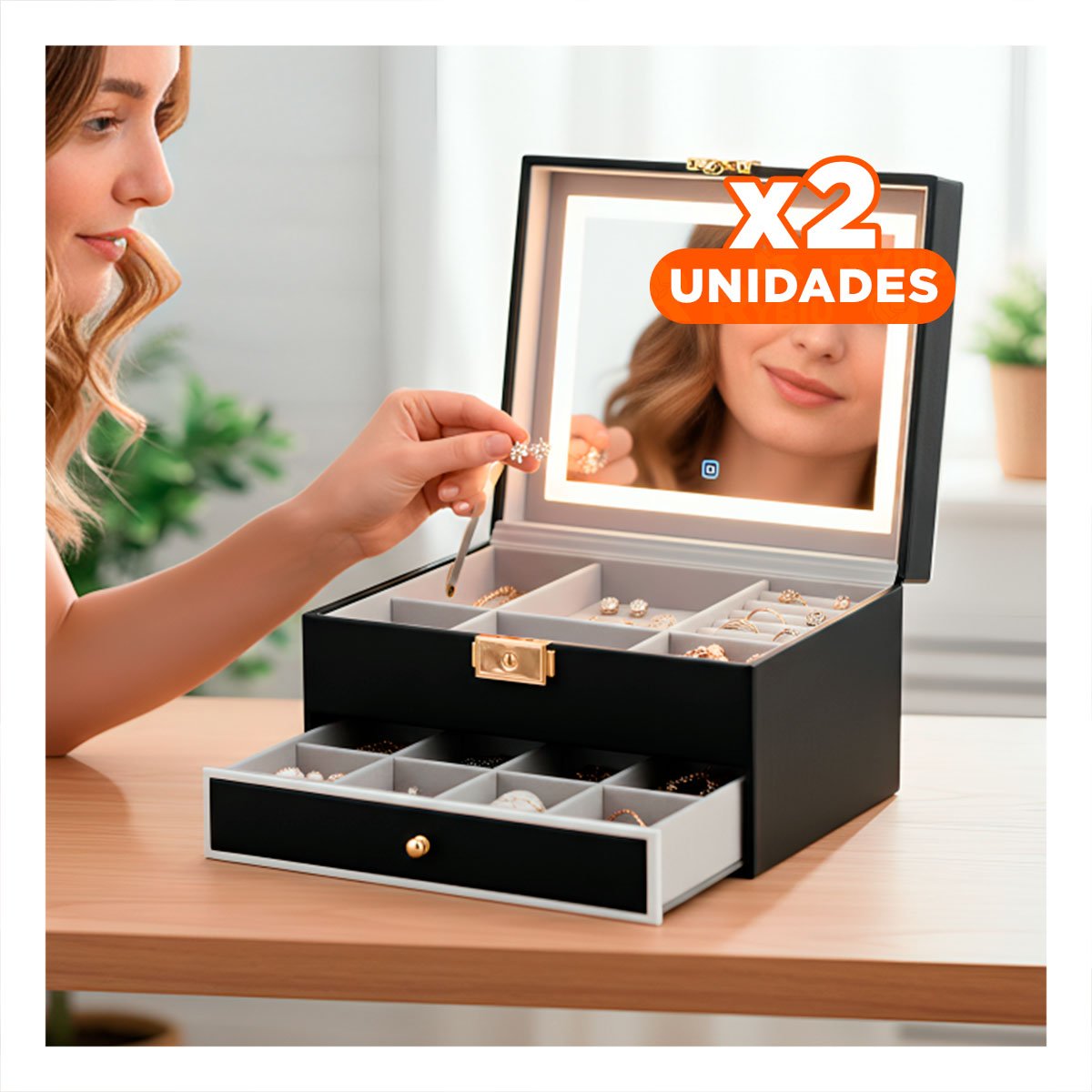 PACK2 ORGANIZADOR COMPACTO 2 NIVELES CON ESPEJO LED NEGRO PARA JOYERIA - 1