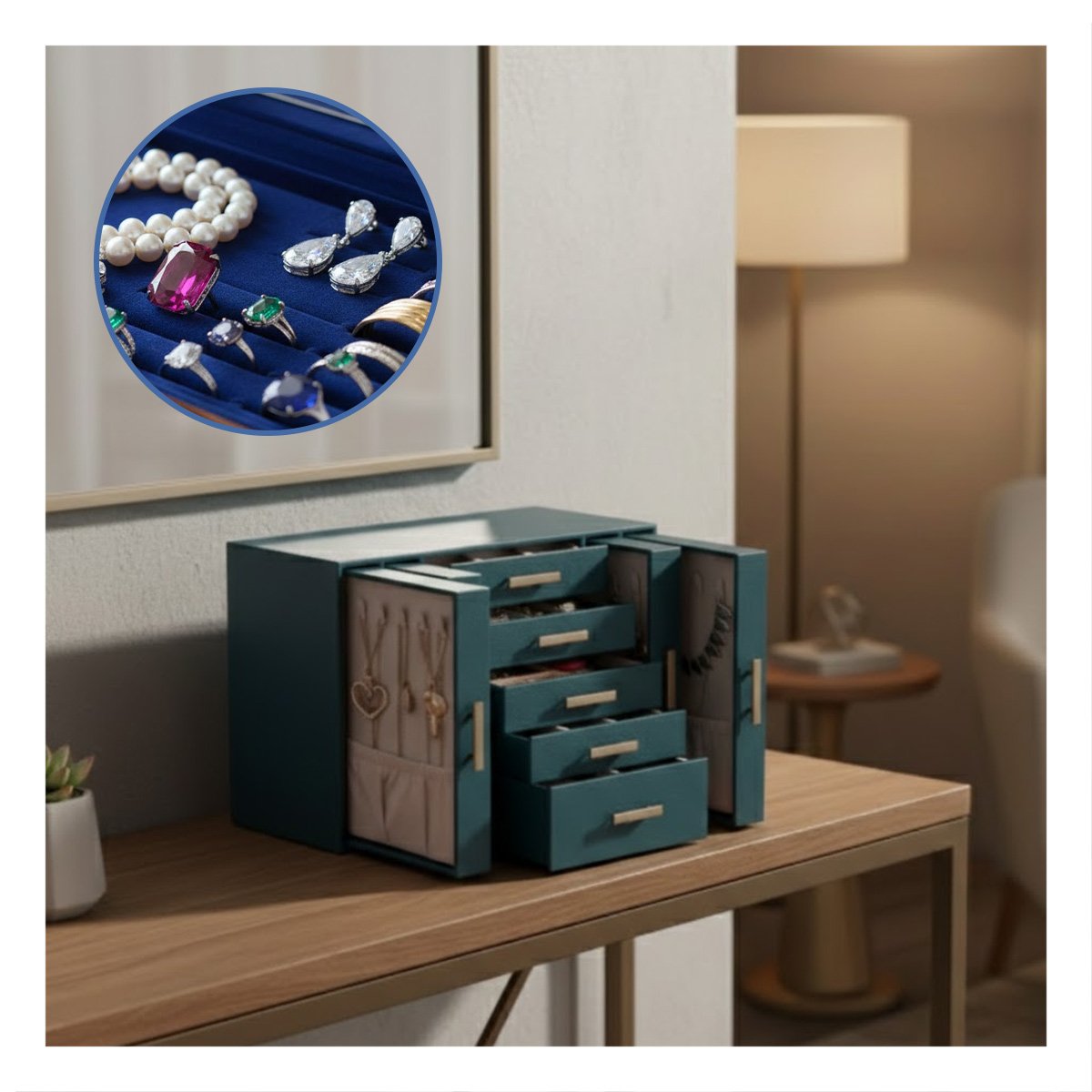 ORGANIZADOR DE JOYAS CELESTE CON DISEÑO MODERNO Y GRAN CAPACIDAD Y+REGALO STICKER - 5