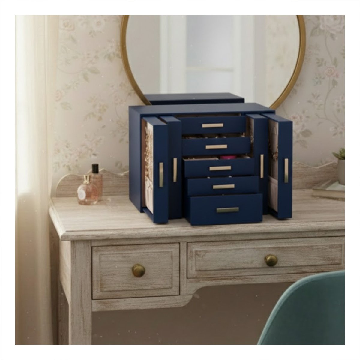 ESTUCHE PARA JOYAS CELESTE CON CAJONES DESLIZABLES Y PUERTAS LATERALES Y+POST IT - 3