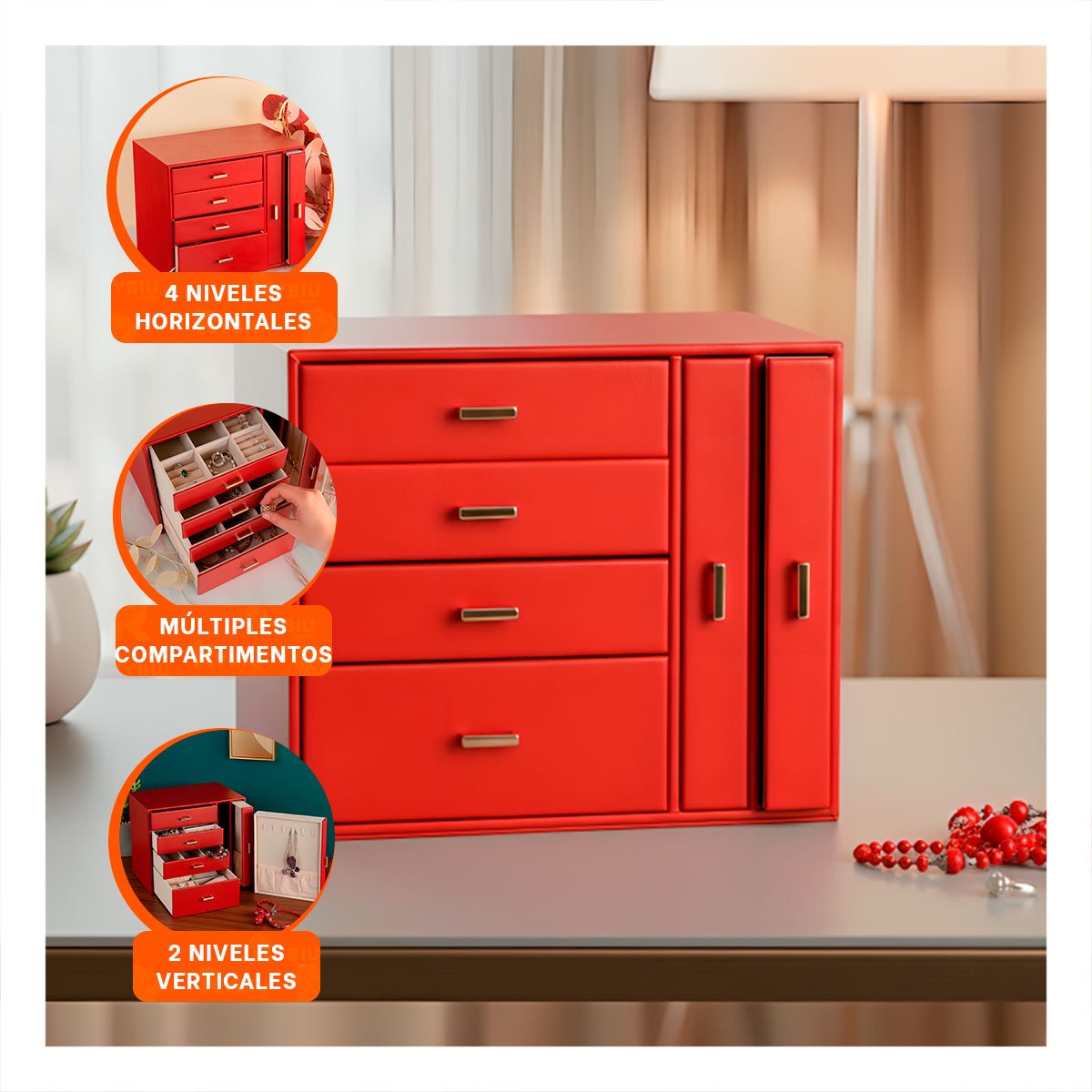 COFRE ORGANIZADOR GRANDE 4 NIVELES HORIZ Y 2 VERT ROJO PARA MAQUILLAJE Y+PAPEL REGALO - 5