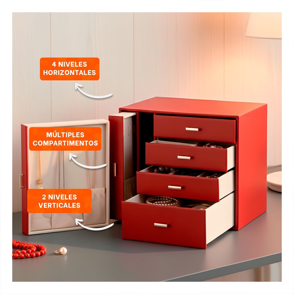 CAJA DE ACCESORIOS GRANDE 4 NIVELES HORIZ Y 2 VERT ROJO PARA DORMITORIO Y+POST IT - 2