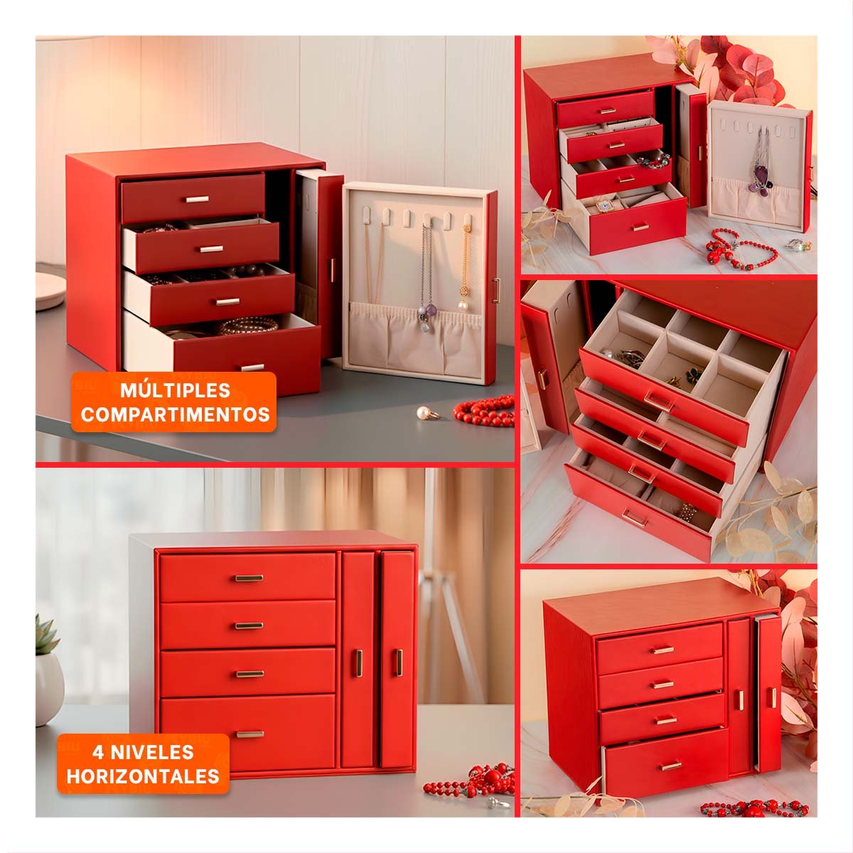 CAJA DE ACCESORIOS GRANDE 4 NIVELES HORIZ Y 2 VERT ROJO PARA DORMITORIO Y+POST IT - 5