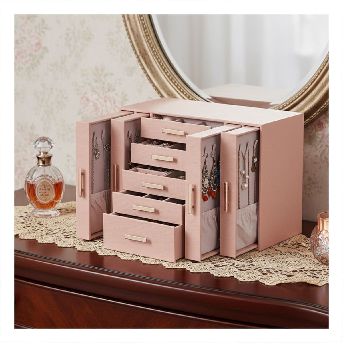 PACK2 ORGANIZADOR DE JOYAS ROSADO CON ESPACIOS PARA RELOJES Y COLLARES Y+REGALO STICKER - 3