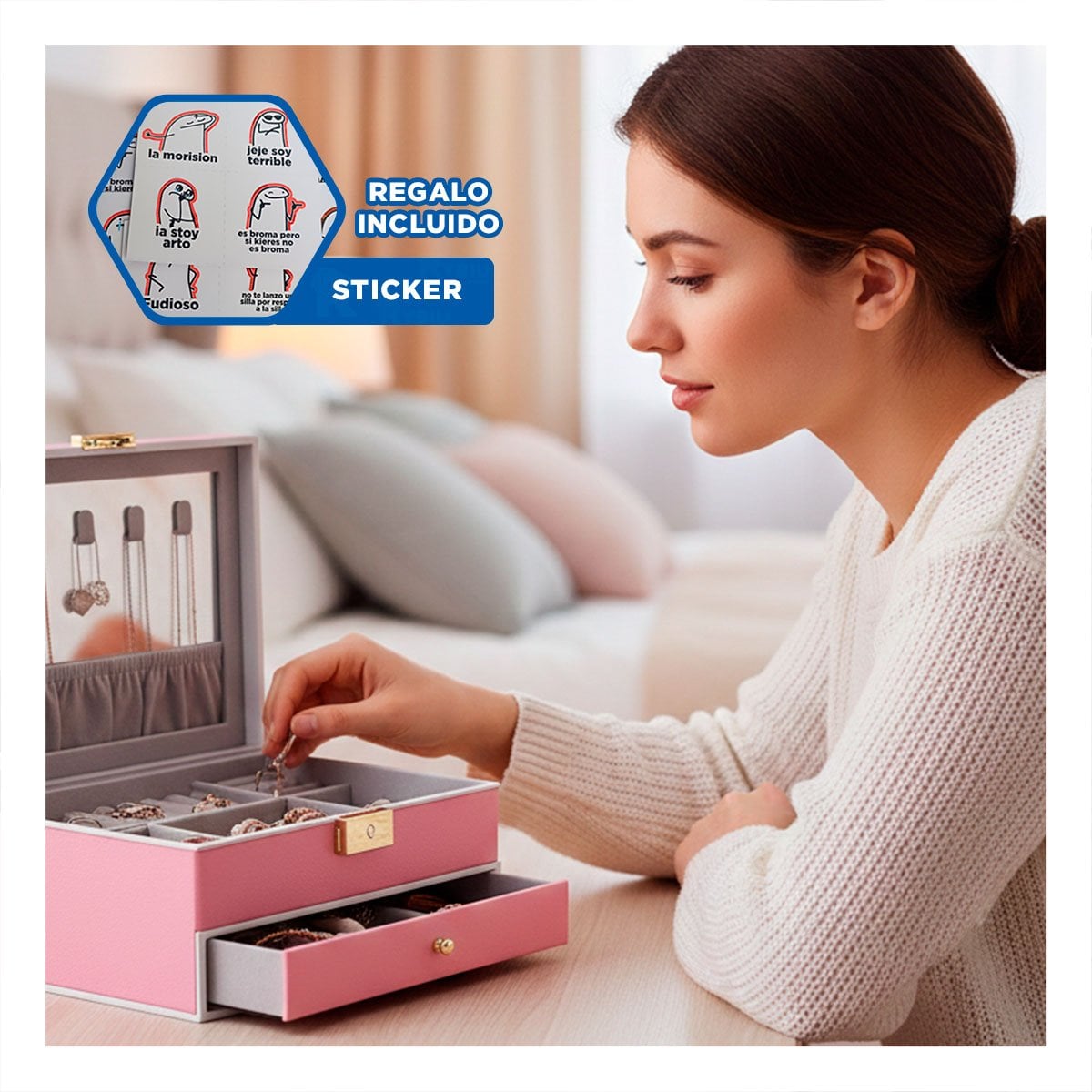 ORGANIZADOR DE JOYAS 2 NIVELES CON ESPEJO LED ROSADO PARA DORMITORIO Y+REGALO STICKER - 1