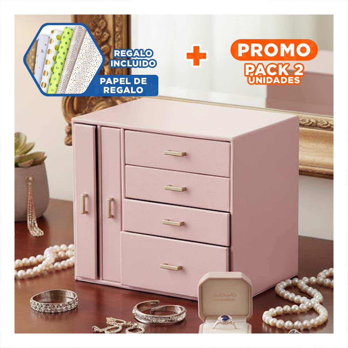PACK2 JOYERO FUNCIONAL 4 NIVELES HORIZ Y 2 VERT ROSADO PARA ORGANIZAR JOYAS Y+PAPEL REGALO - 1