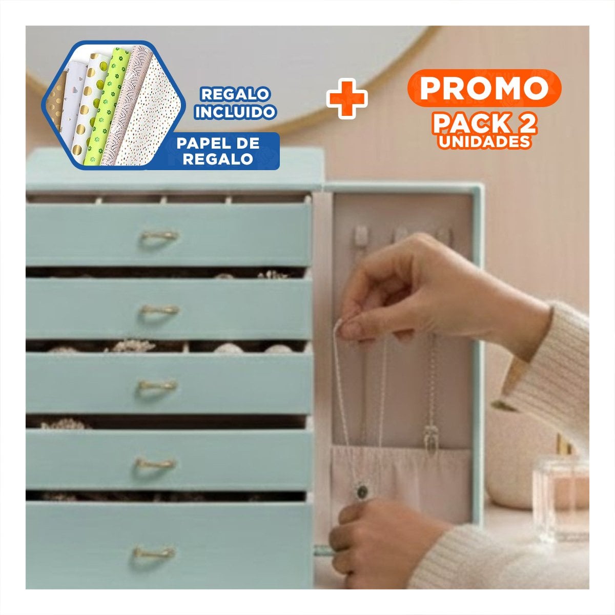 PACK2 JOYERO CELESTE PARA TOCADOR CON PUERTAS LATERALES Y ESPACIOS COLGANTES Y+PAPEL REGALO - 1