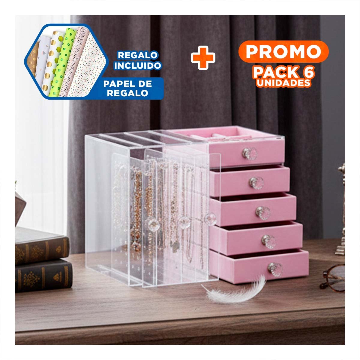PACK6 ALHAJERO 5 CAJONES Y 3 PUERTAS EN TERCIOPELO ROSADO PARA HOGAR Y+PAPEL REGALO - 1