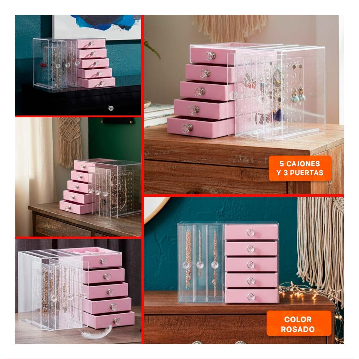 PACK6 ALHAJERO 5 CAJONES Y 3 PUERTAS EN TERCIOPELO ROSADO PARA HOGAR Y+PAPEL REGALO - 3