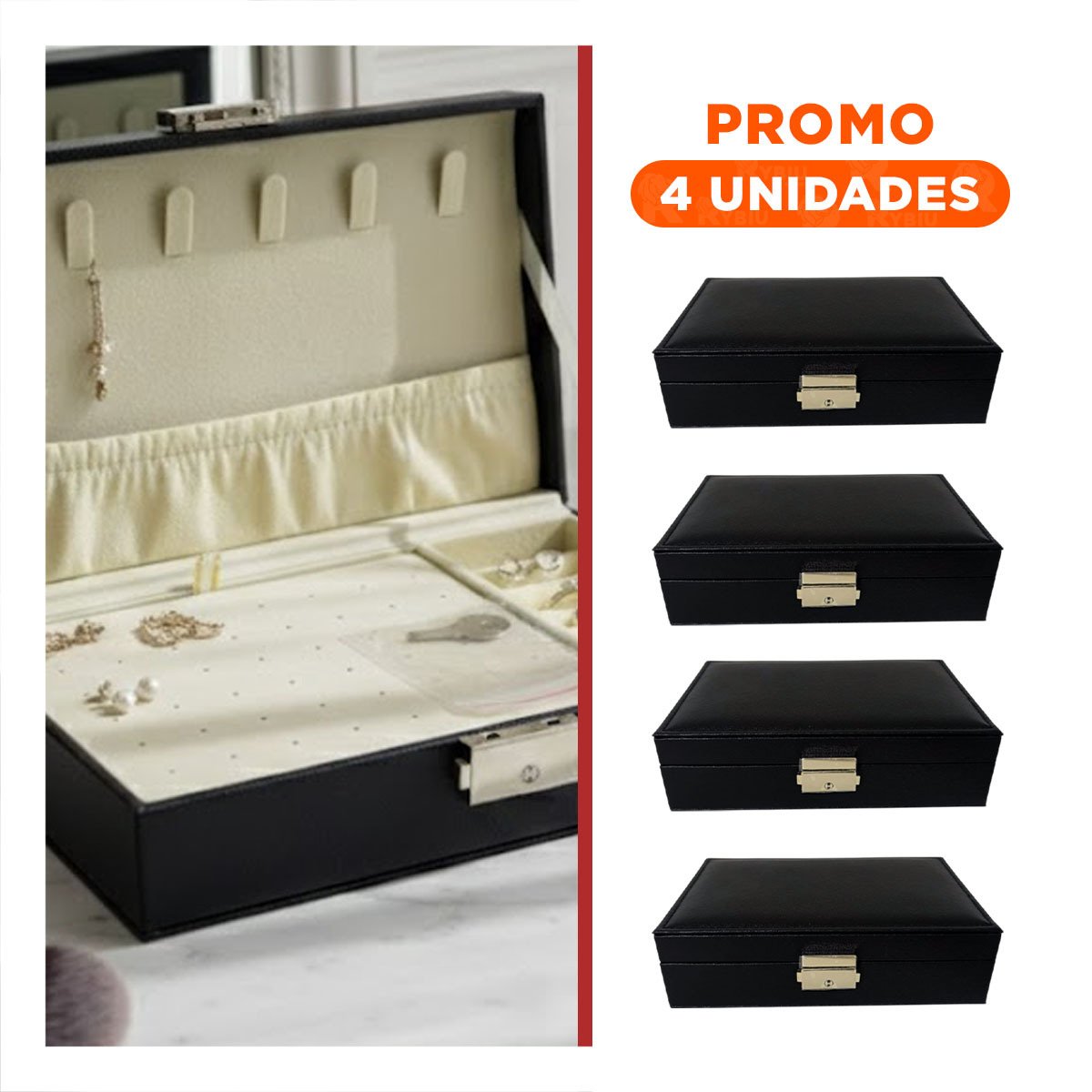 PACK4 JOYERO RECTANGULAR NEGRO 20,5X12,5X5,5CM PARA USO DIARIO Y+REGALO STICKER - 1