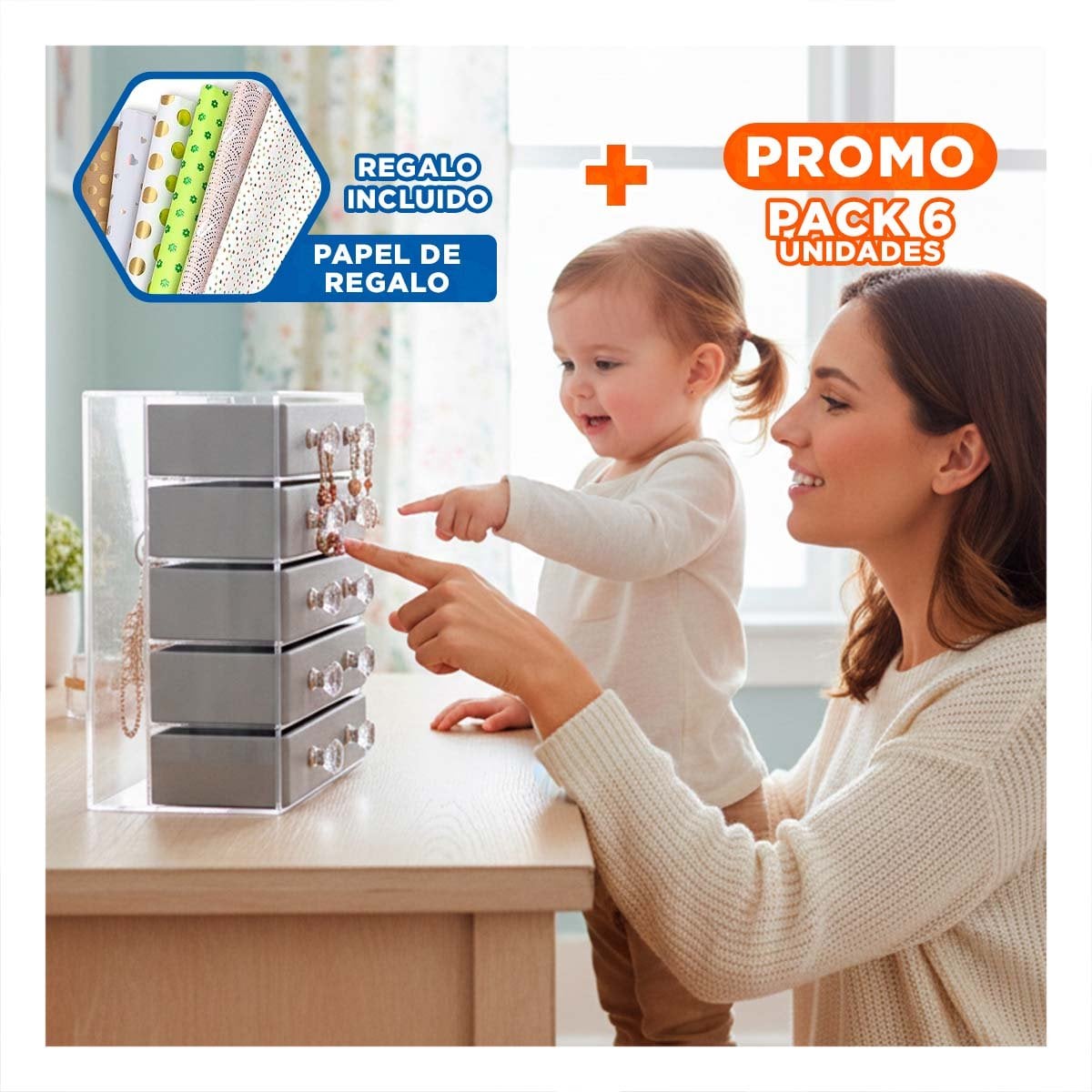 PACK6 ALHAJERO 5 CAJONES Y 3 PUERTAS EN TERCIOPELO PLOMO PARA HOGAR Y+PAPEL REGALO - 1