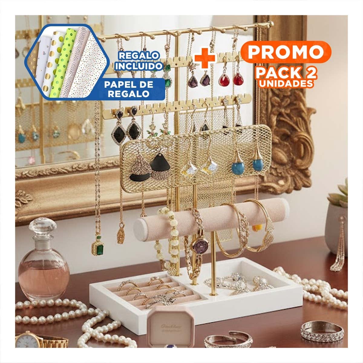 PACK2 EXHIBIDOR METALICO DE JOYAS 24,5X32X12CM DORADO PARA ANILLOS Y+PAPEL REGALO - 1