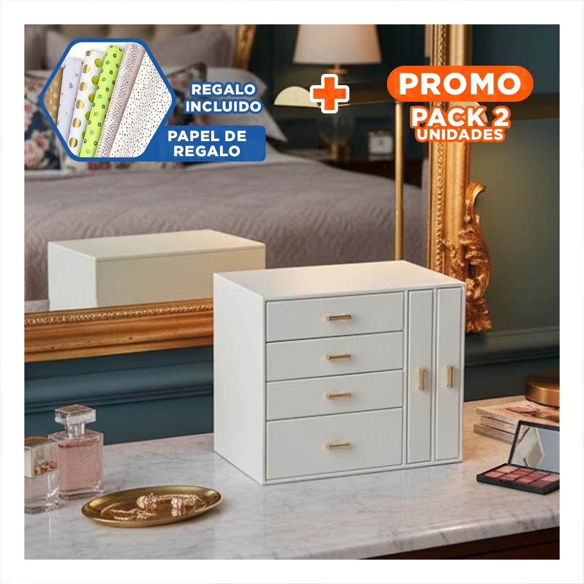 PACK2 JOYERO FUNCIONAL 4 NIVELES HORIZ Y 2 VERT BLANCO PARA ORGANIZAR JOYAS Y+PAPEL REGALO - 1