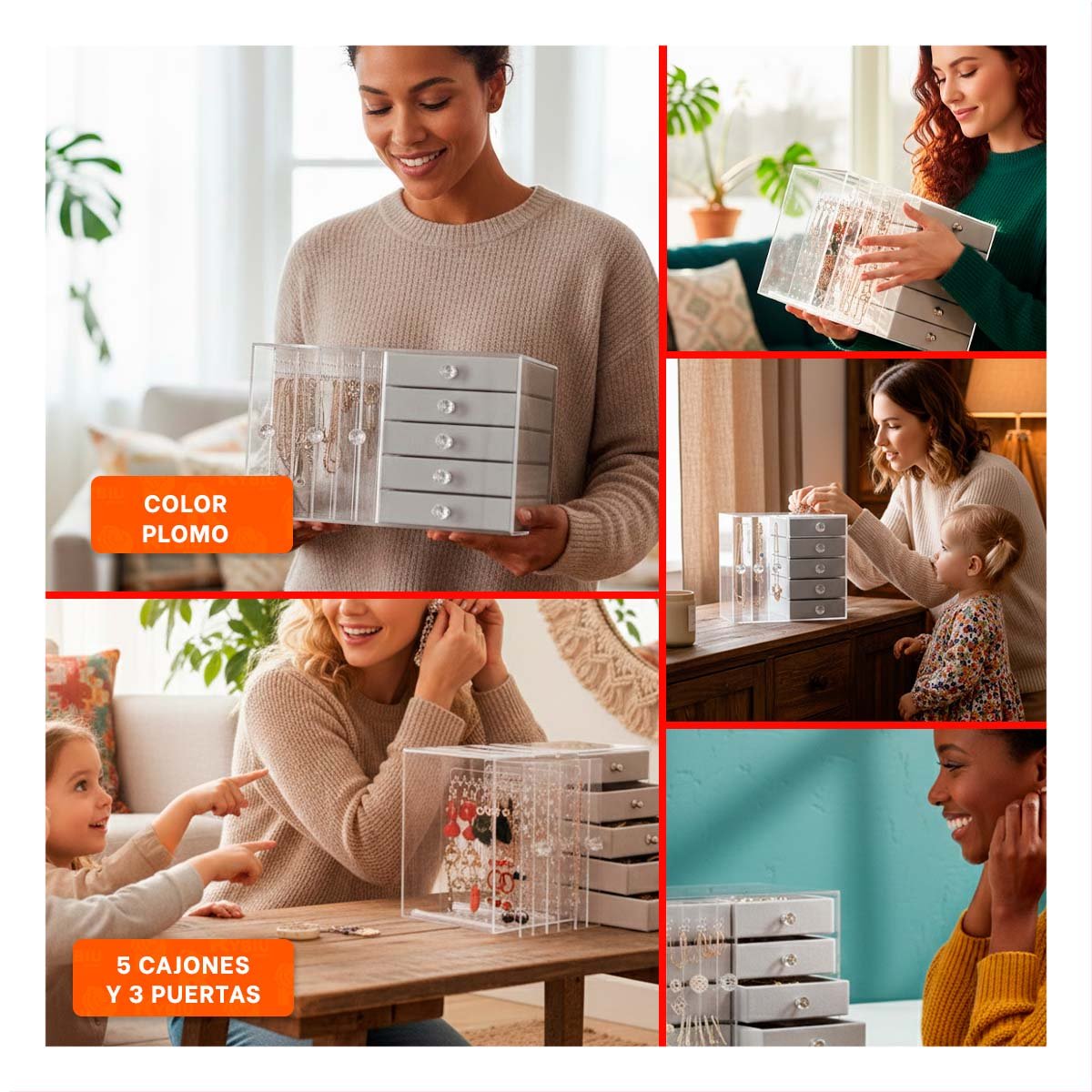 CAJA 5 CAJONES Y 3 PUERTAS EN TERCIOPELO PLOMO ORGANIZADOR ELEGANTE - 5